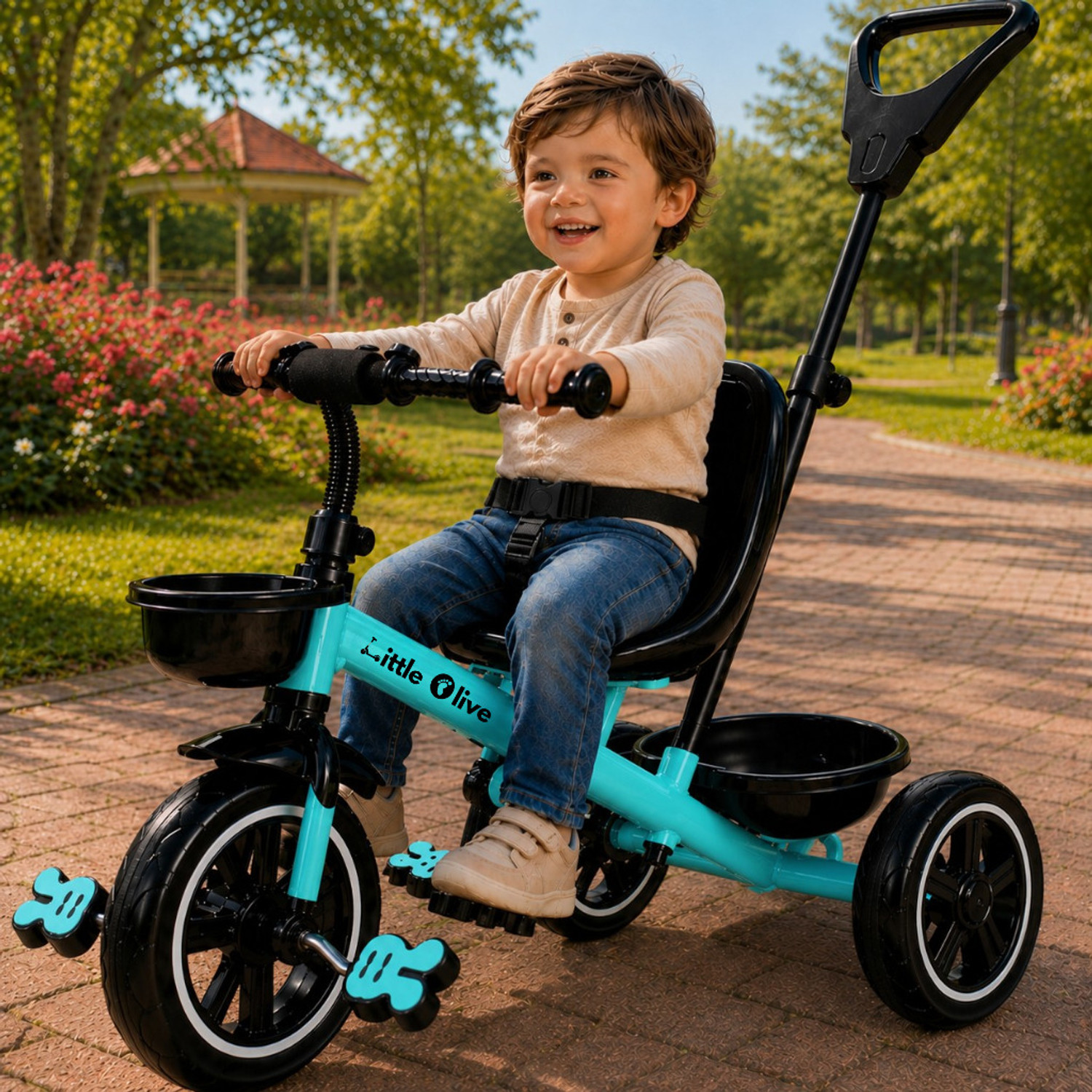Image of Little Olive Premium Kids Tricycle with Parent Handle, Safety Belt & Storage Basket Tricycle