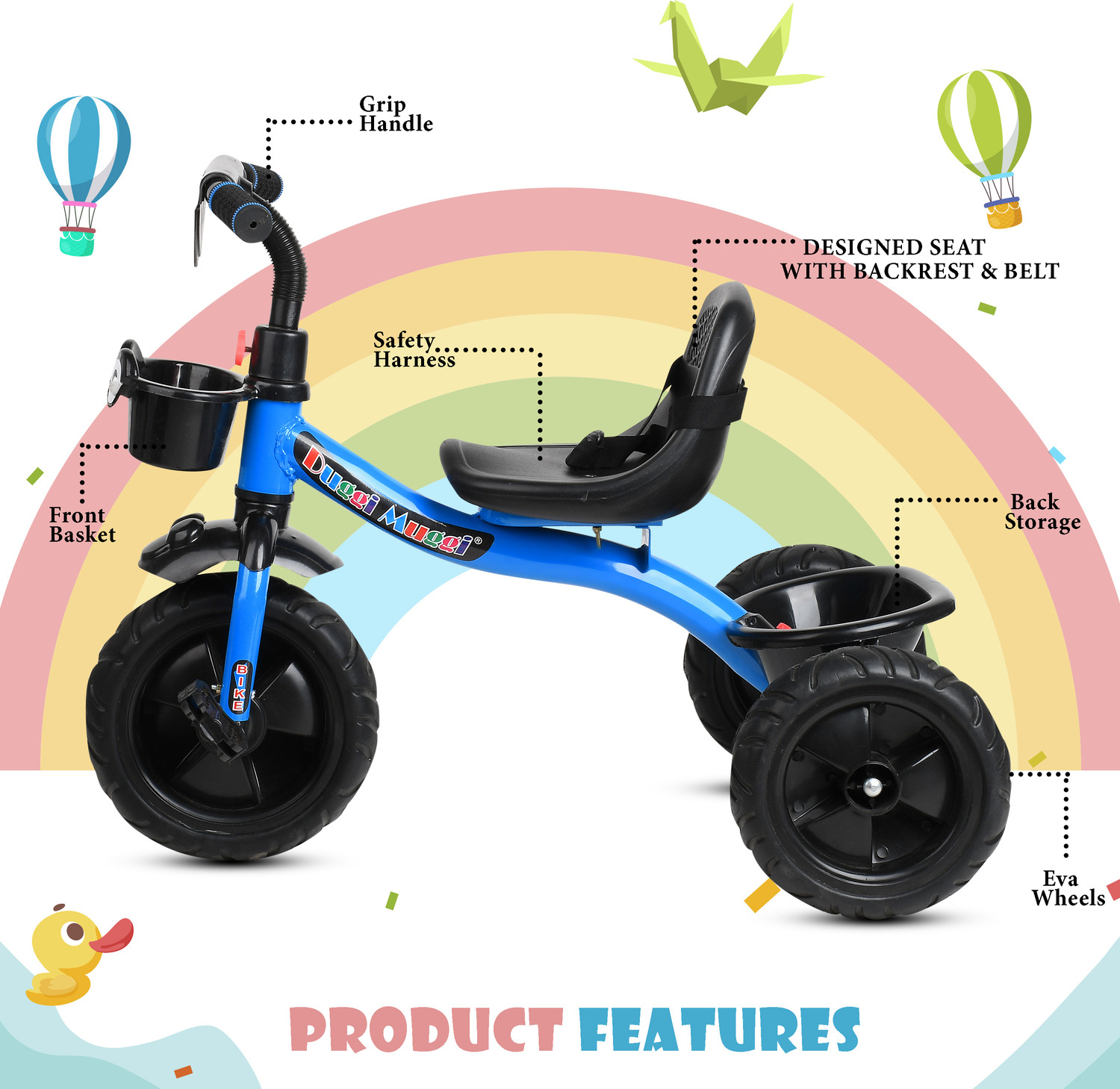 Image of TOYSHOPPEE Baby Tricycle For Kids With Front And Back Basket KIDDO BLUE Recommended Tricycle For Age 1-5 Years Kids Cycle Tricycle
