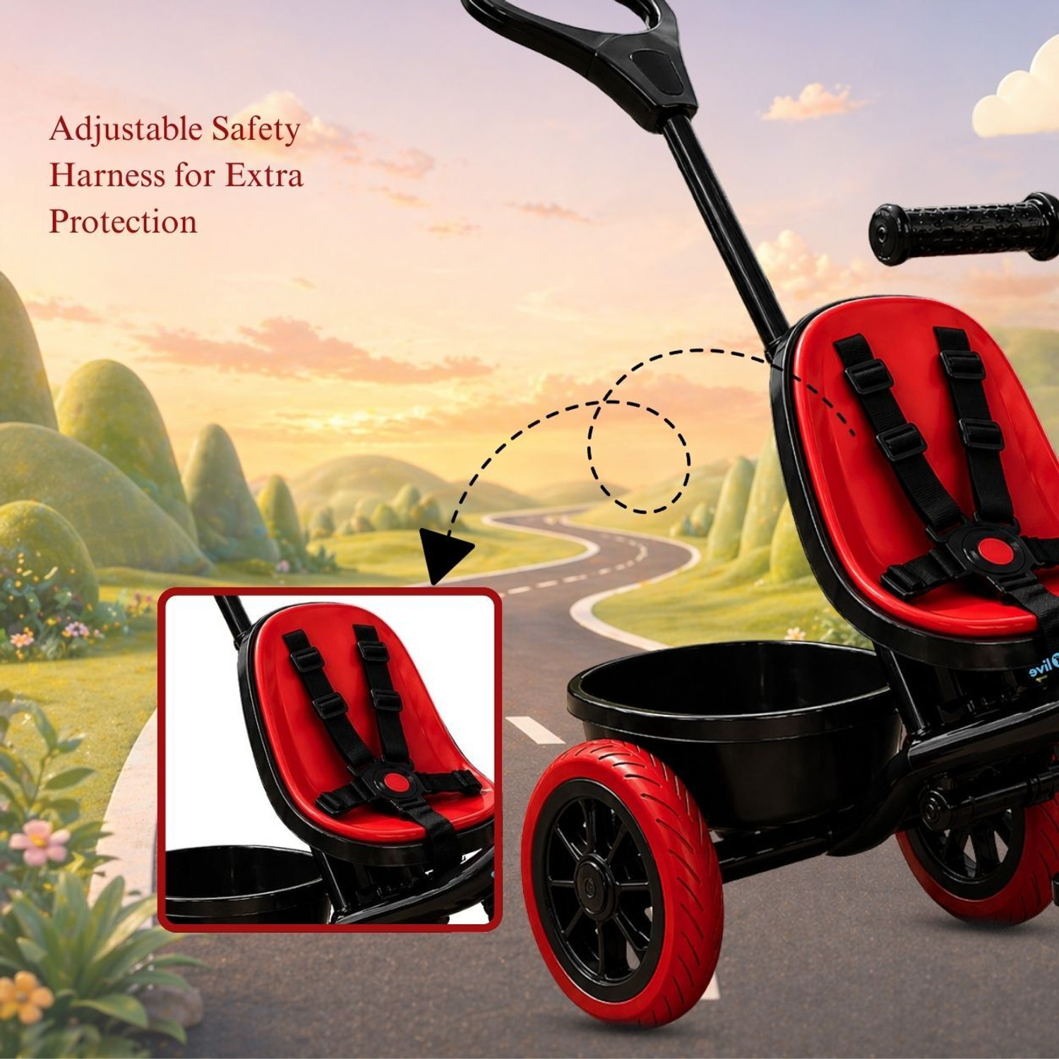 Image of Little Olive Kids Tricycle with Parent Handle, Safety Harness, Storage Basket & Wide Wheels Tricycle
