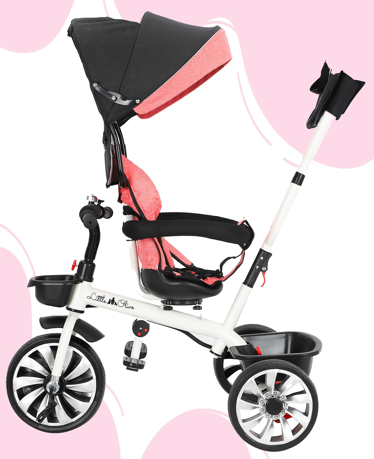 Image of Little Olive Roller Coaster Tricycle - Pink Baby Carriage / Baby for Kids Canopy Push Bar Foot Rest Rotating Seat Tricycle