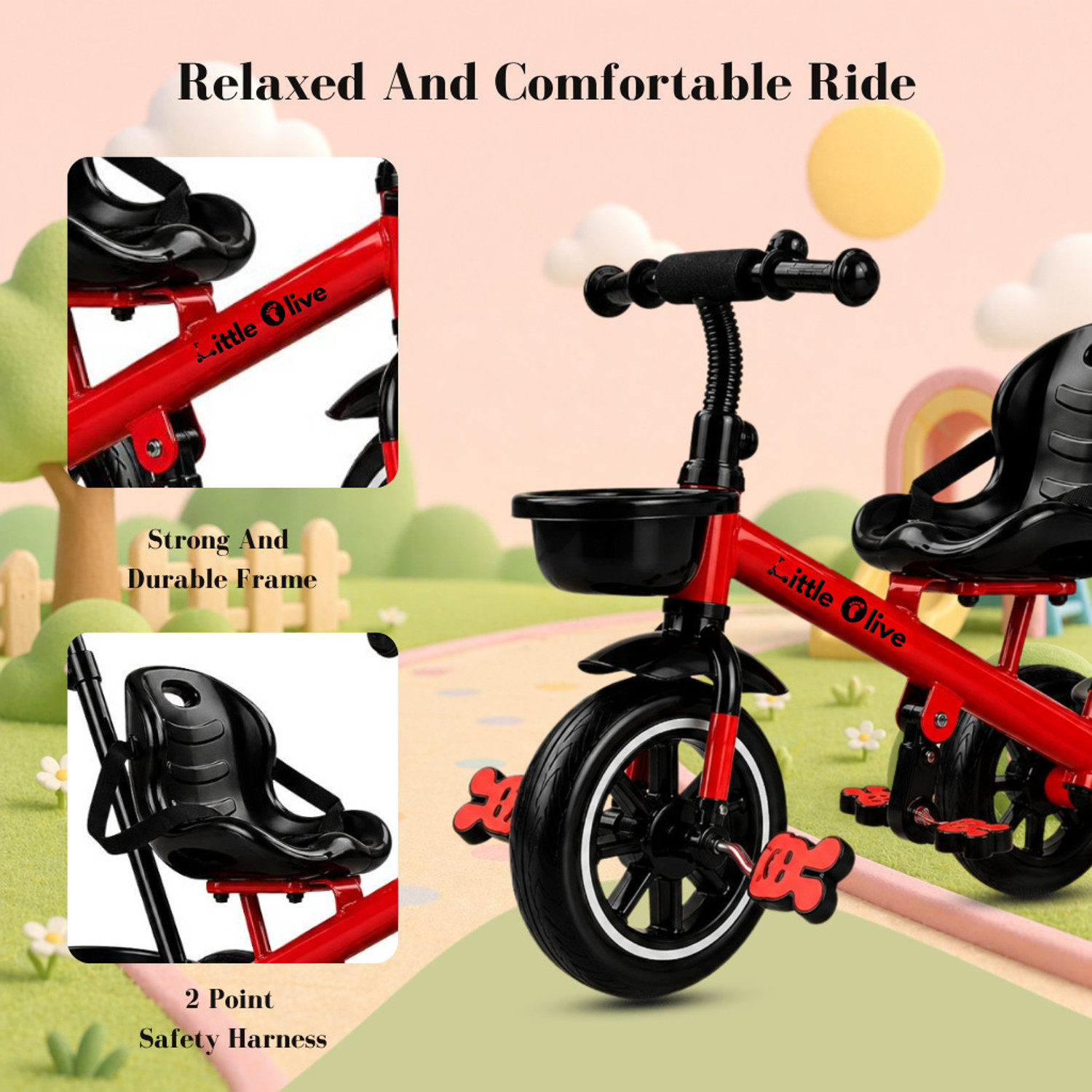 Image of Little Olive Premium Kids Tricycle with Parent Handle, Safety Belt & Storage Basket Tricycle