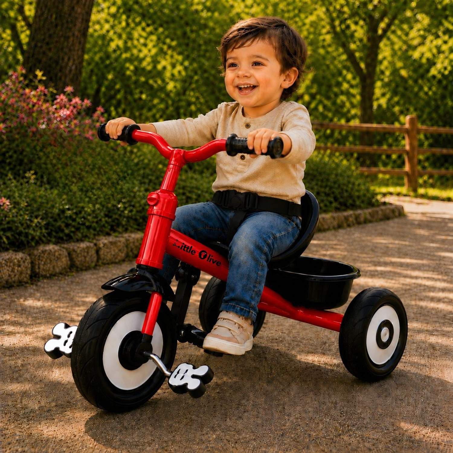 Image of Little Olive Kids Tricycle with Headlight, Stable Wheels, Rear Basket and Comfortable Seat Tricycle