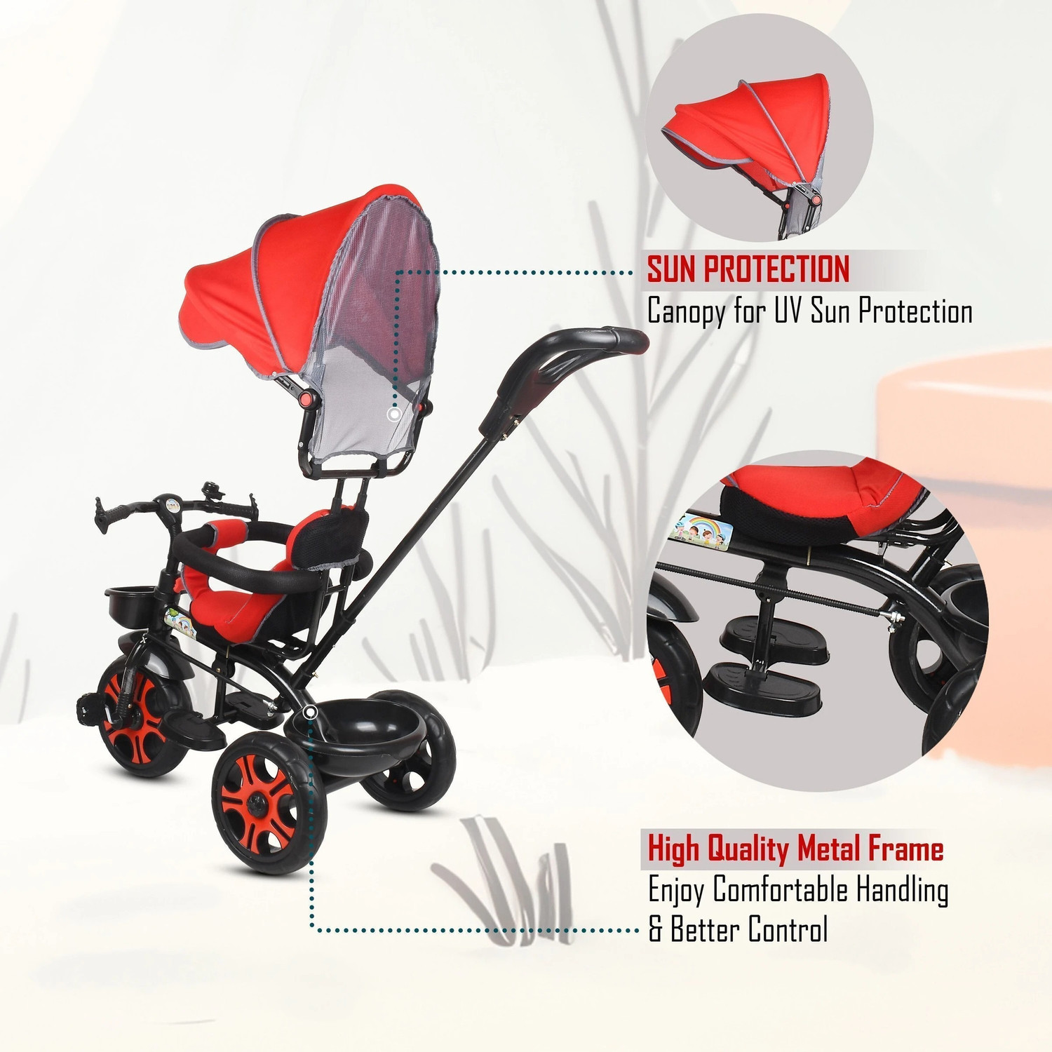 Image of DUGGI MUGGI Tricycle with Canopy and Parental Handle 2 to 5 years DVPOT-13B Tricycle (Red, Black)