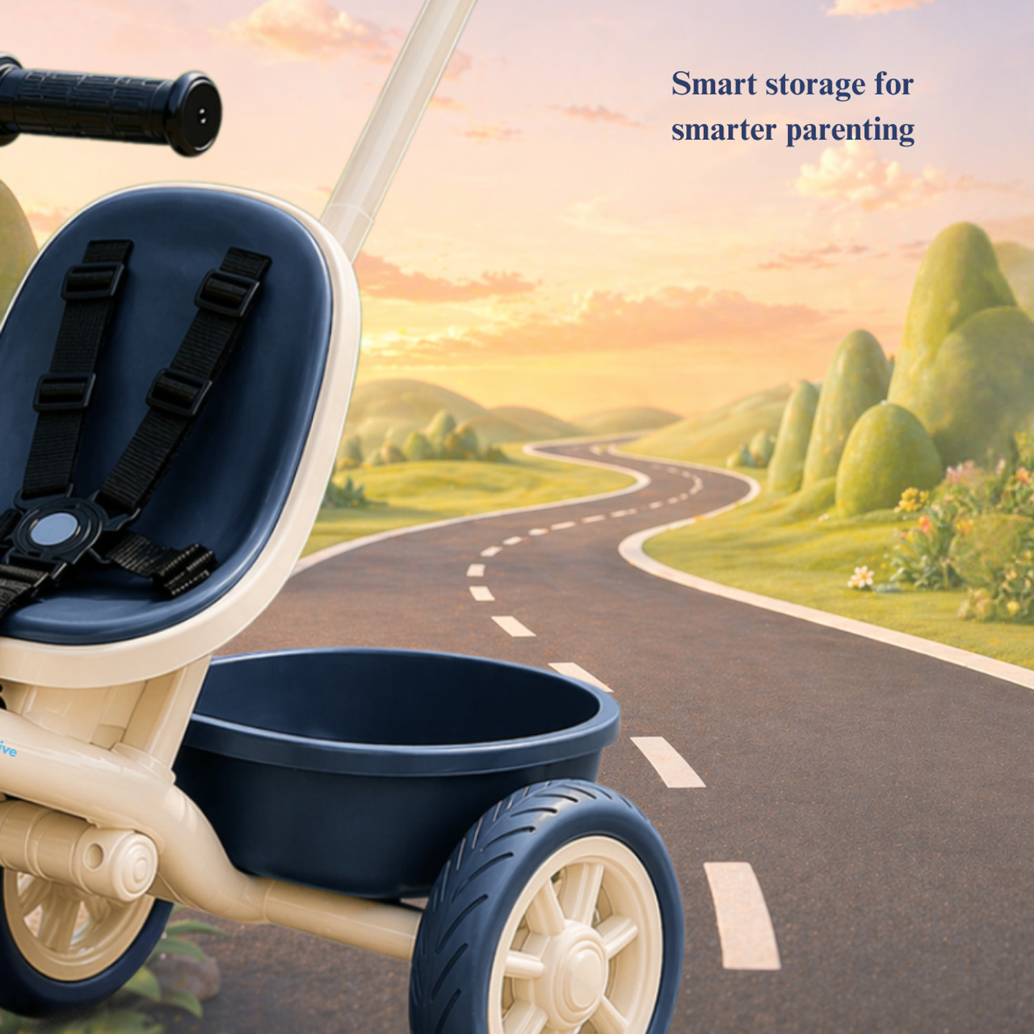 Image of Little Olive Kids Tricycle with Parent Handle, Safety Harness, Storage Basket & Wide Wheels Tricycle
