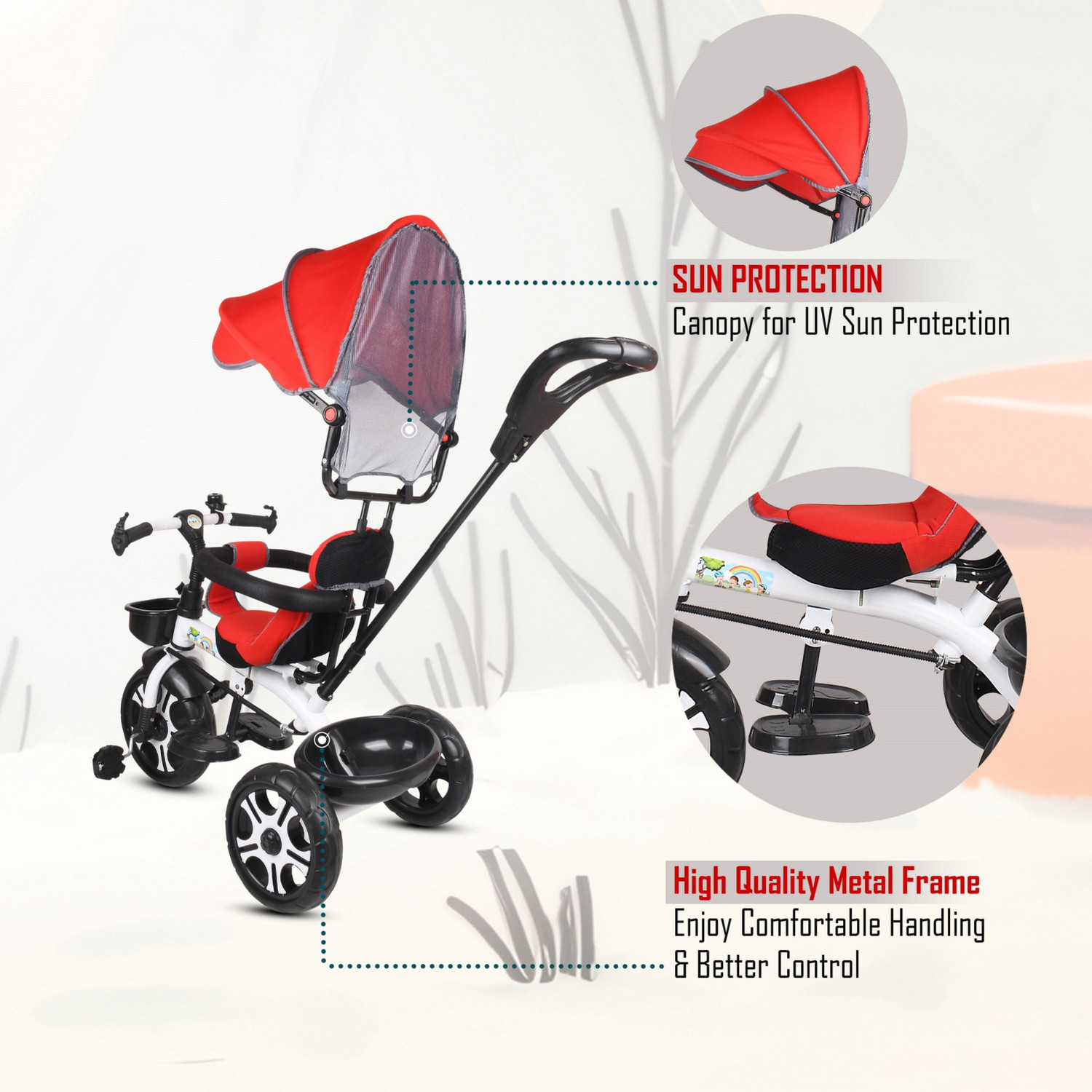 Image of TOYSHOPPEE Kids Canopy Tricycle with Soft Seat,Front-Back Basket,Parental Push Handle,Bell Sefty Canopy Tricycle for Babys with New Colours Tricycle (Red, White)
