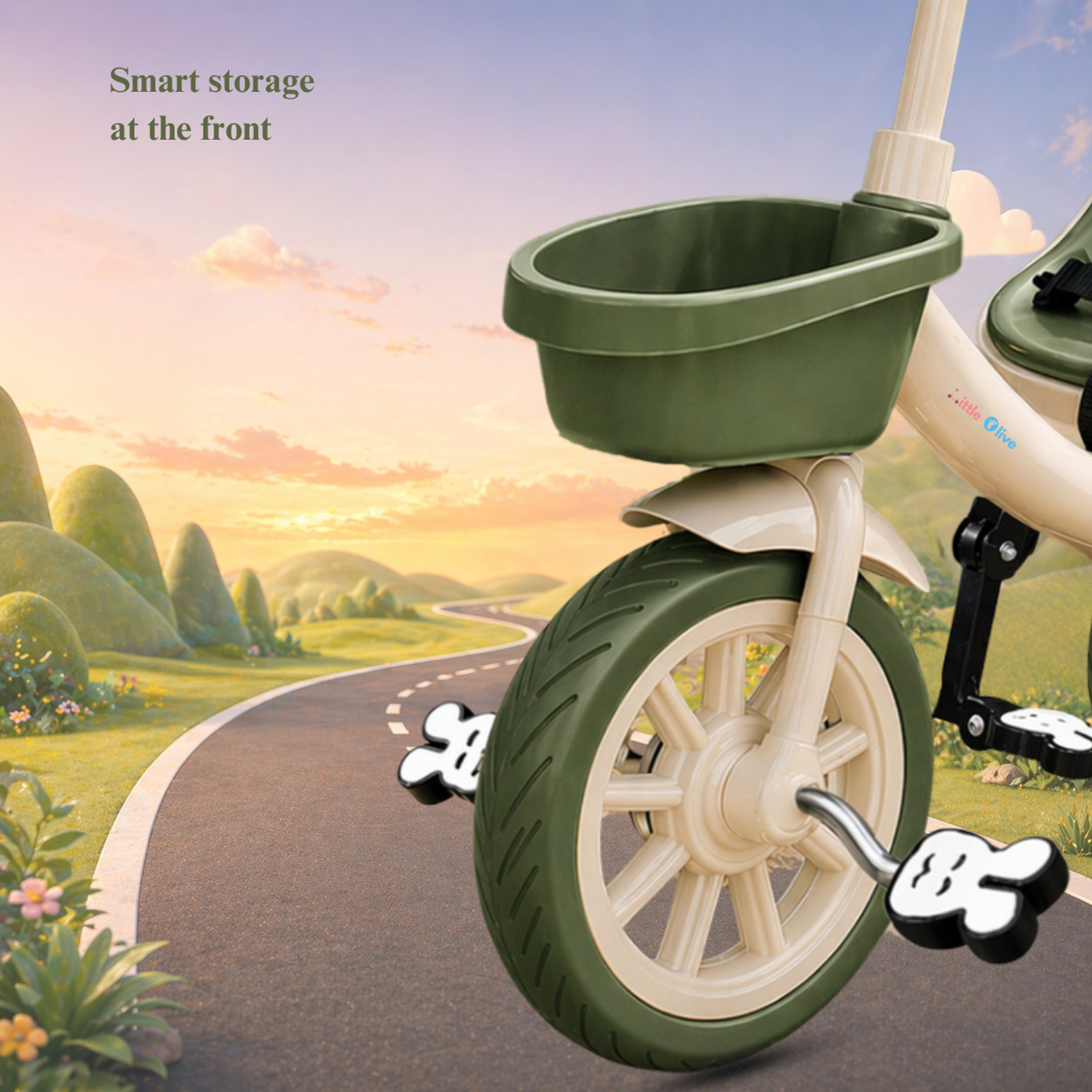 Image of Little Olive Kids Tricycle with Parent Handle, Safety Harness, Storage Basket & Wide Wheels Tricycle