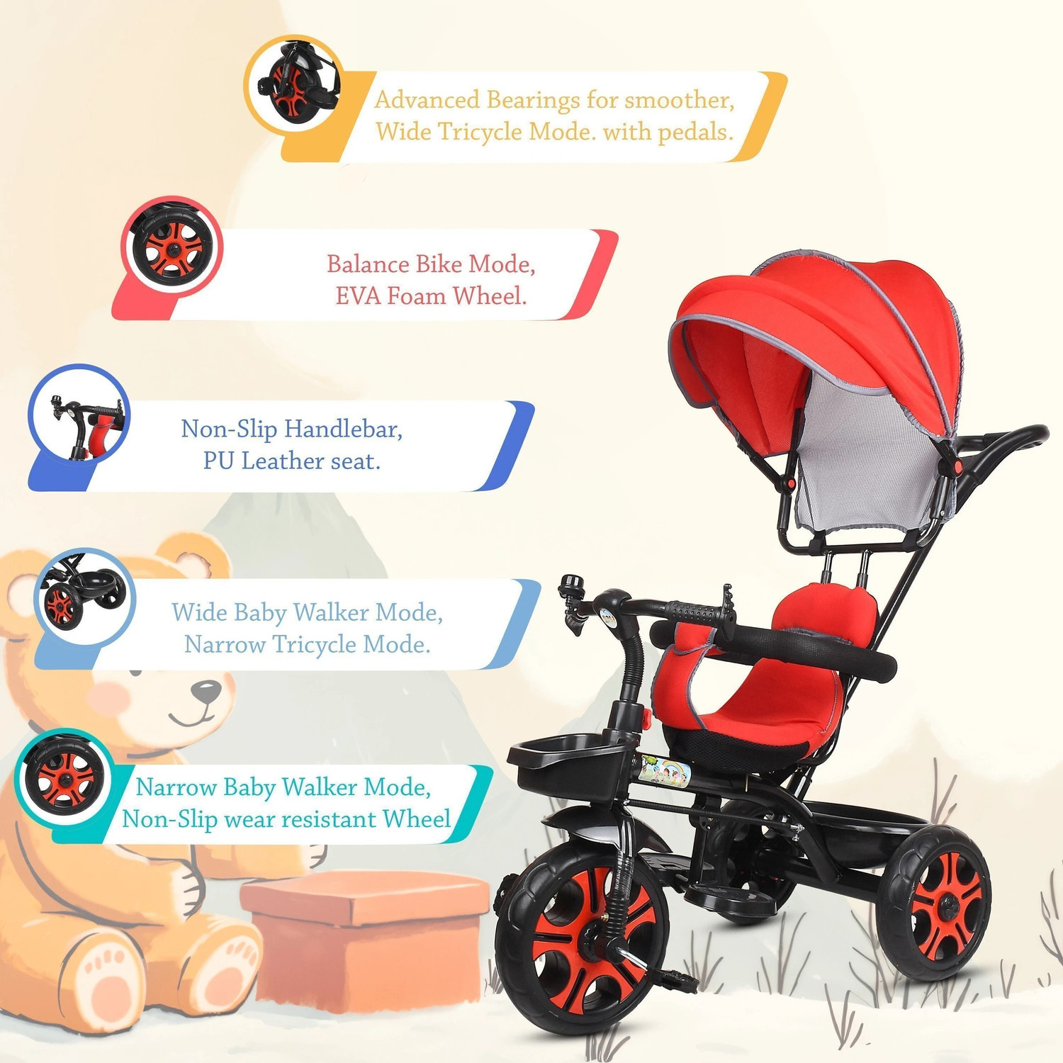 Image of DUGGI MUGGI Tricycle with Canopy and Parental Handle 2 to 5 years DVPOT-13B Tricycle (Red, Black)