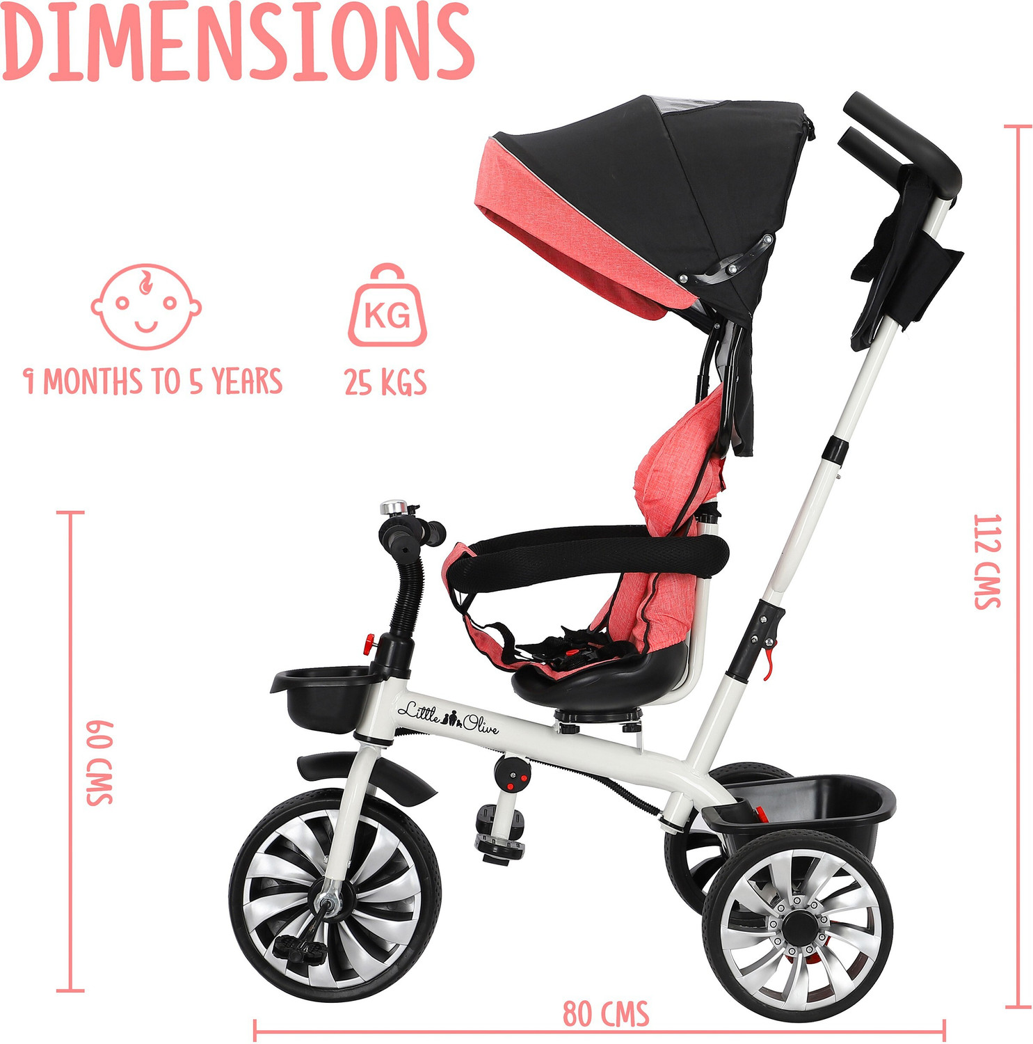 Image of Little Olive Roller Coaster Tricycle - Pink Baby Carriage / Baby for Kids Canopy Push Bar Foot Rest Rotating Seat Tricycle