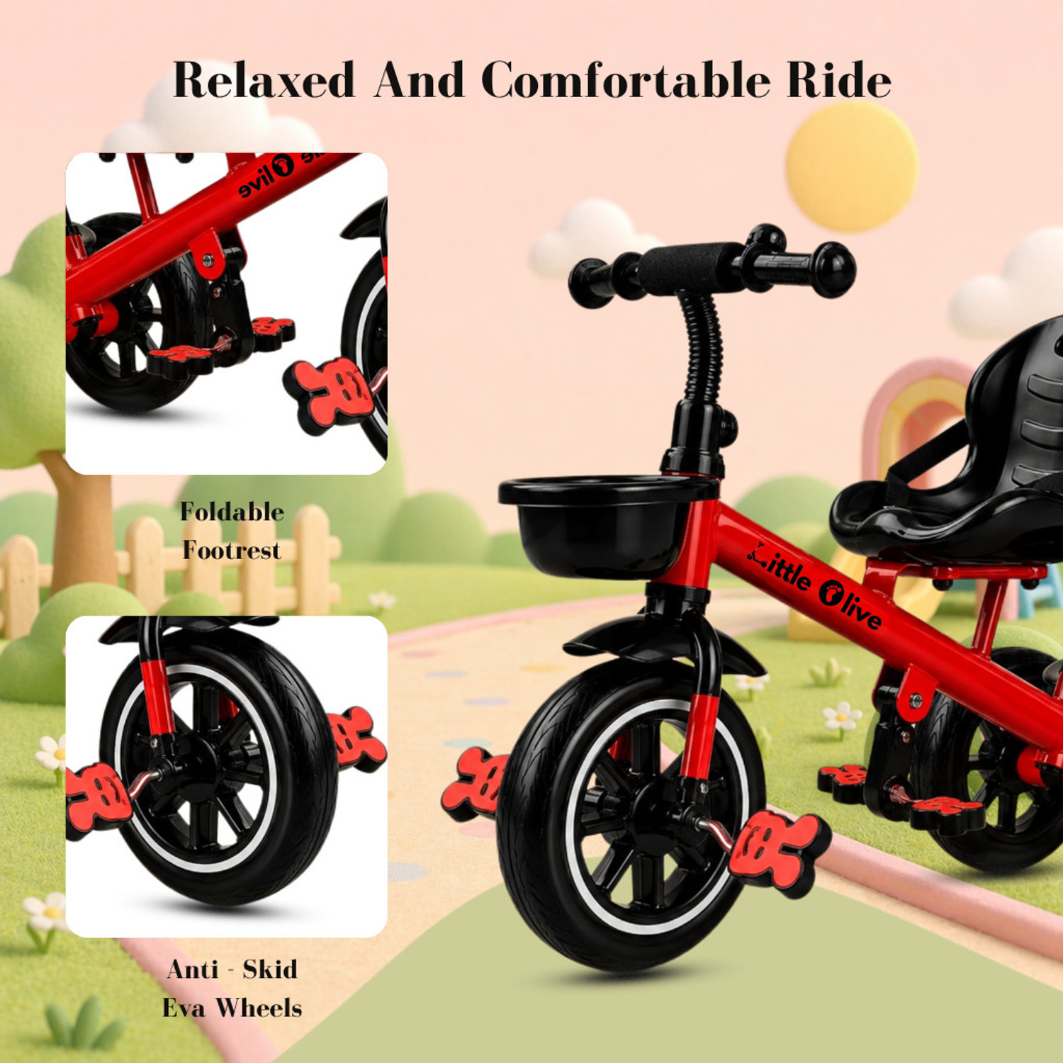 Image of Little Olive Premium Kids Tricycle with Parent Handle, Safety Belt & Storage Basket Tricycle