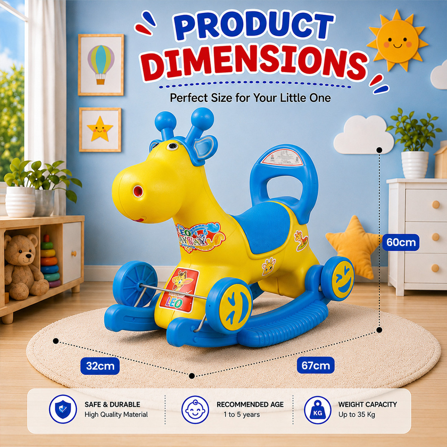 Image of Kiddy Nation Leo 2-in-1 RideOn & Rocker Giraffe Toy for Kids | Manual Push Ride & Rocking Toy Leo 2-in-1 RideOn & Rocker Giraffe Toy for Kids | Manual Push Ride & Rocking Toy Tricycle (Yellow, Blue)