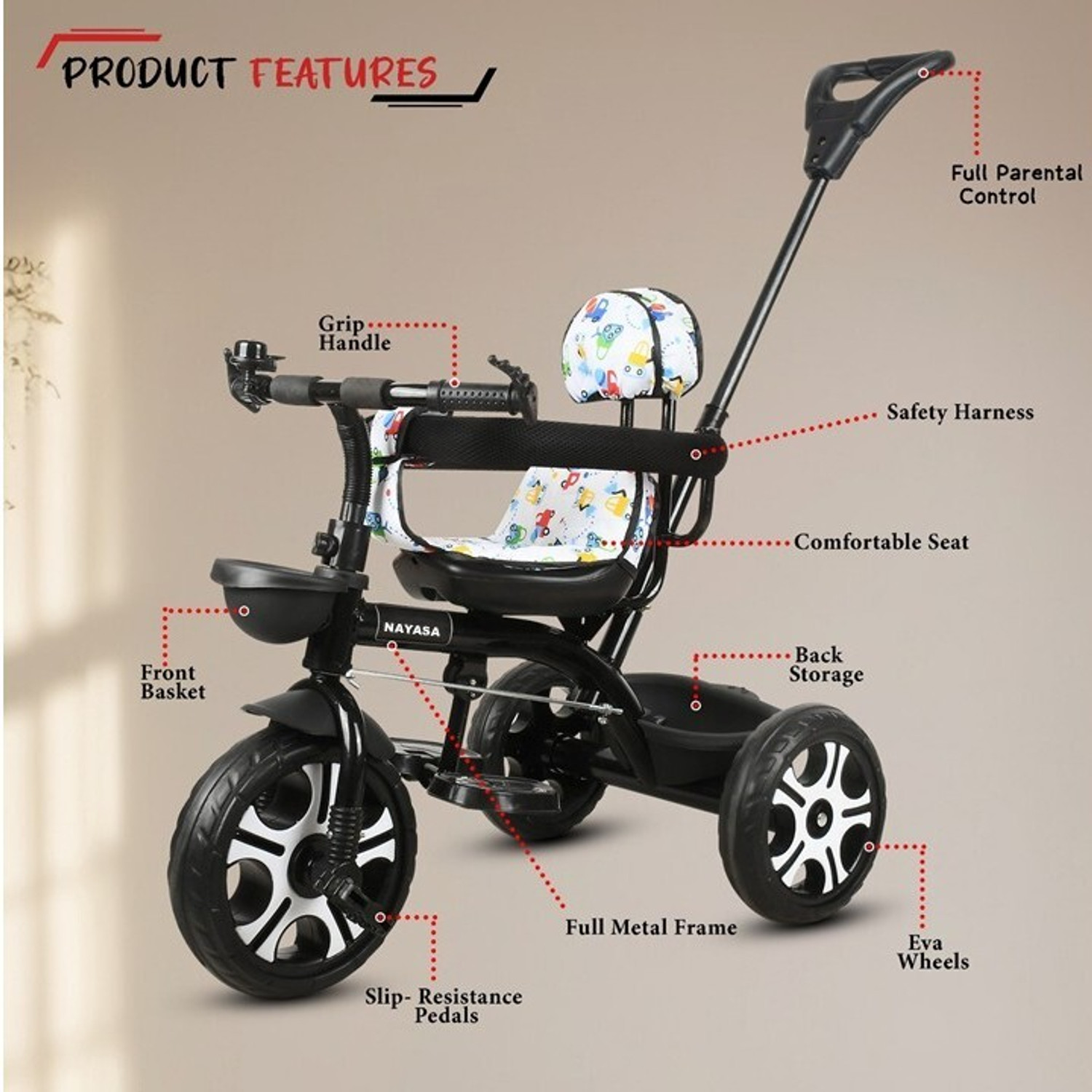Image of NAYASA Tricycle with Parental Handle |cycle 1 to 5 yeas and Dual Storage Basket BABY FOR TRICYCLE 02 Tricycle
