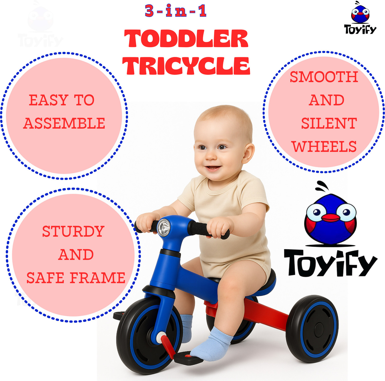 Image of Toyify 3-in-1 Toddler Tricycle | Convertible Baby Cycle with Pedals Balance Bike & Trike for Kids 1-3 Years | Indoor & Outdoor | Non-Slip Wheels Tricycle
