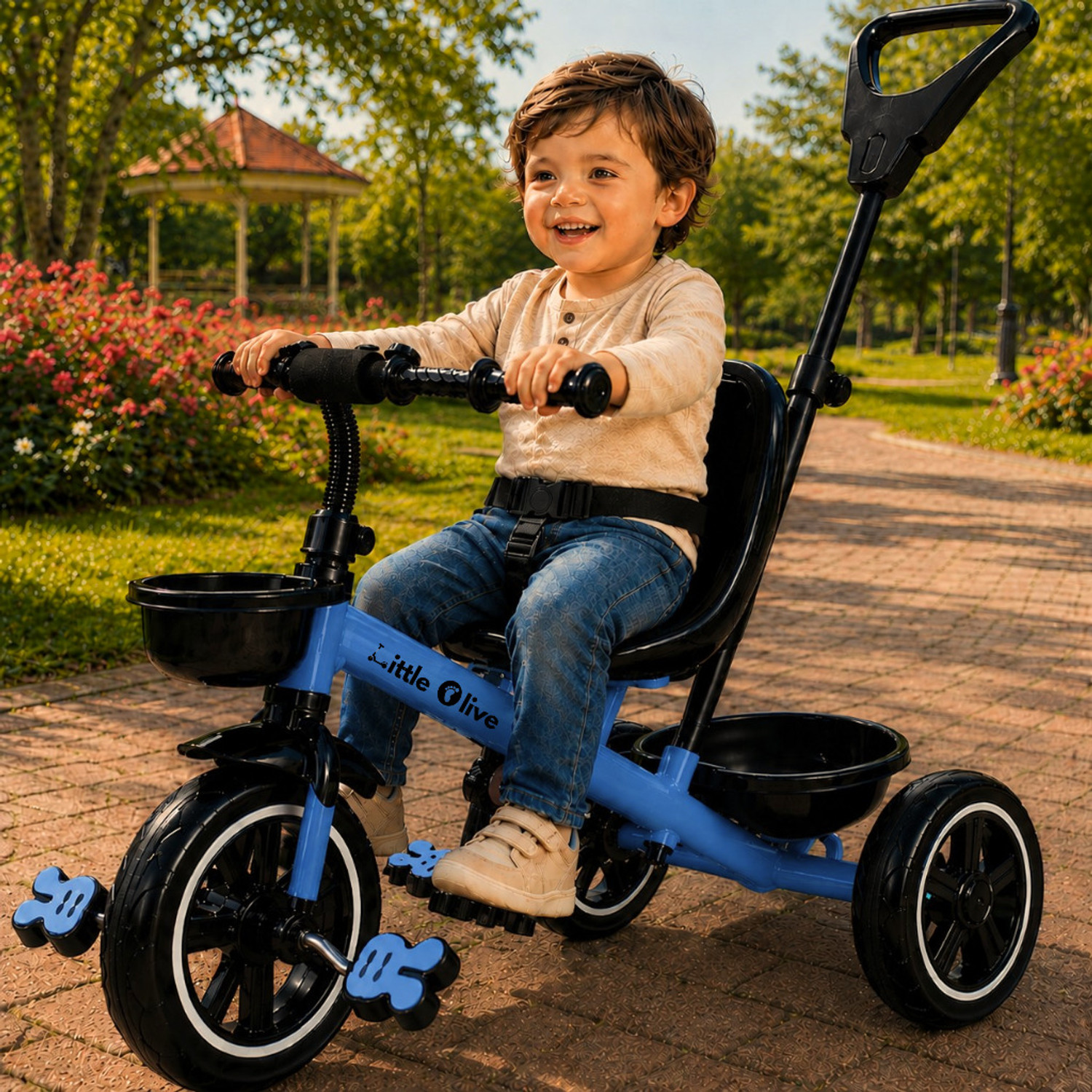 Image of Little Olive Premium Kids Tricycle with Parent Handle, Safety Belt & Storage Basket Tricycle