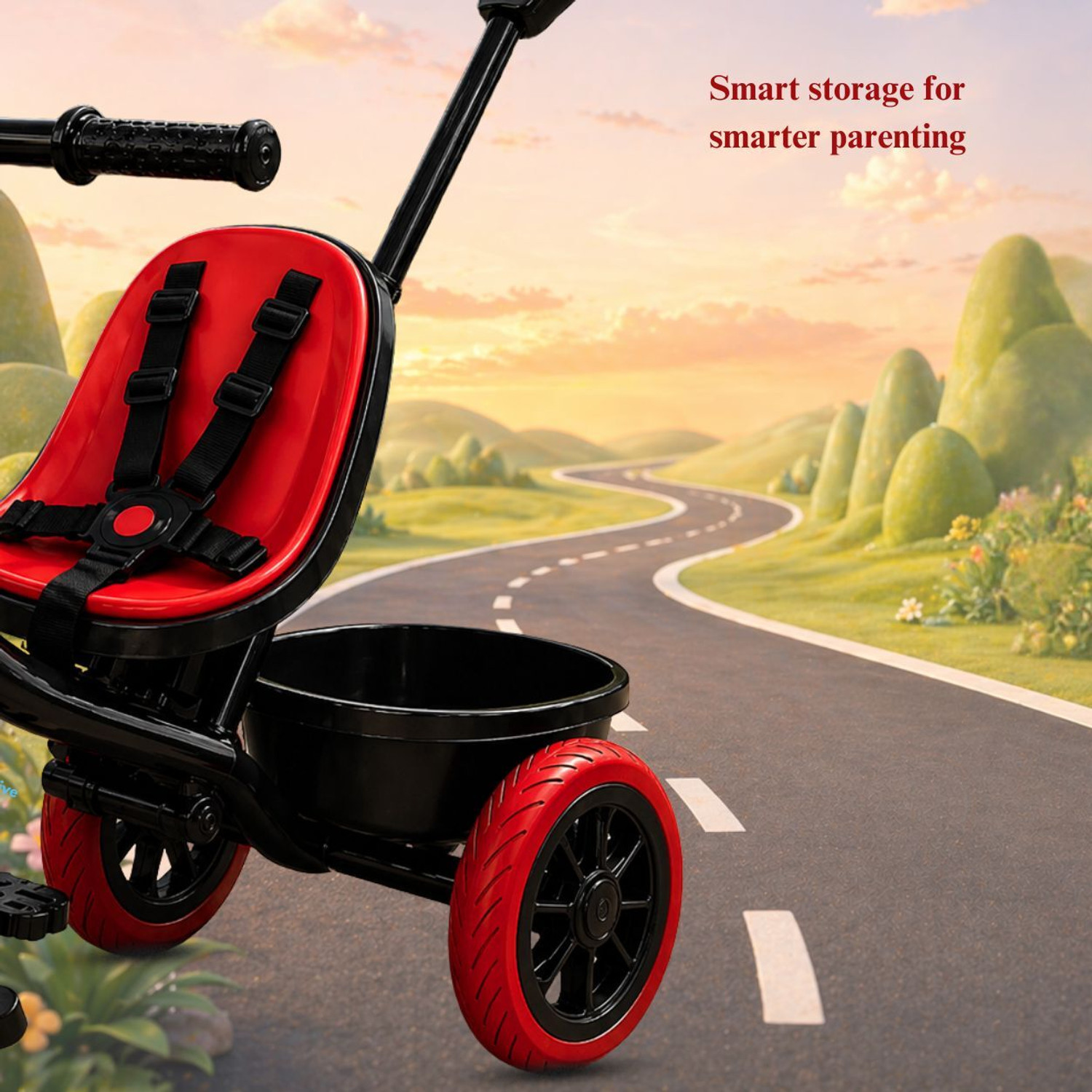 Image of Little Olive Kids Tricycle with Parent Handle, Safety Harness, Storage Basket & Wide Wheels Tricycle