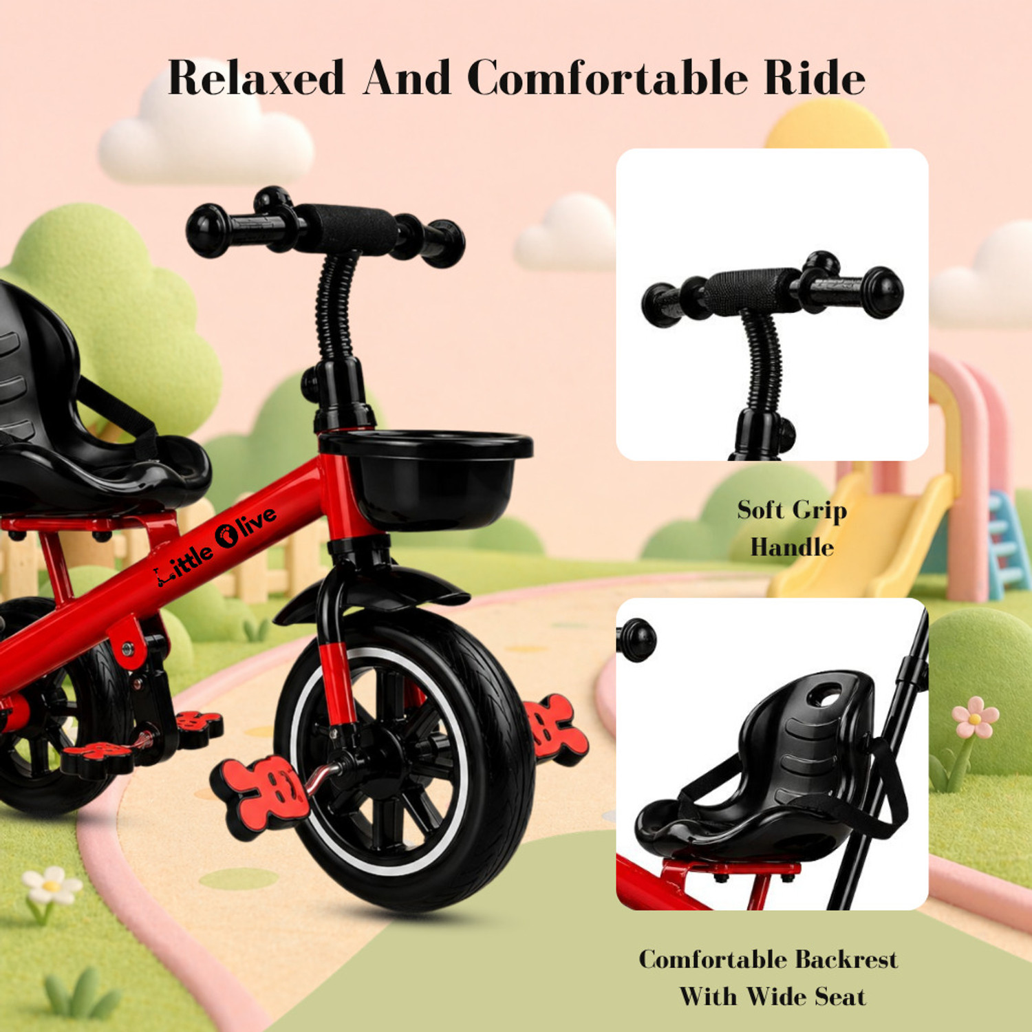Image of Little Olive Premium Kids Tricycle with Parent Handle, Safety Belt & Storage Basket Tricycle