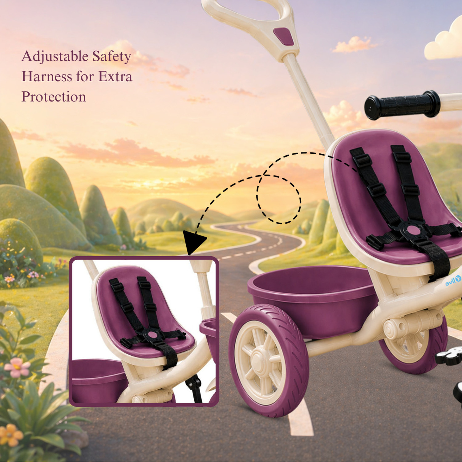 Image of Little Olive Kids Tricycle with Parent Handle, Safety Harness, Storage Basket & Wide Wheels Tricycle