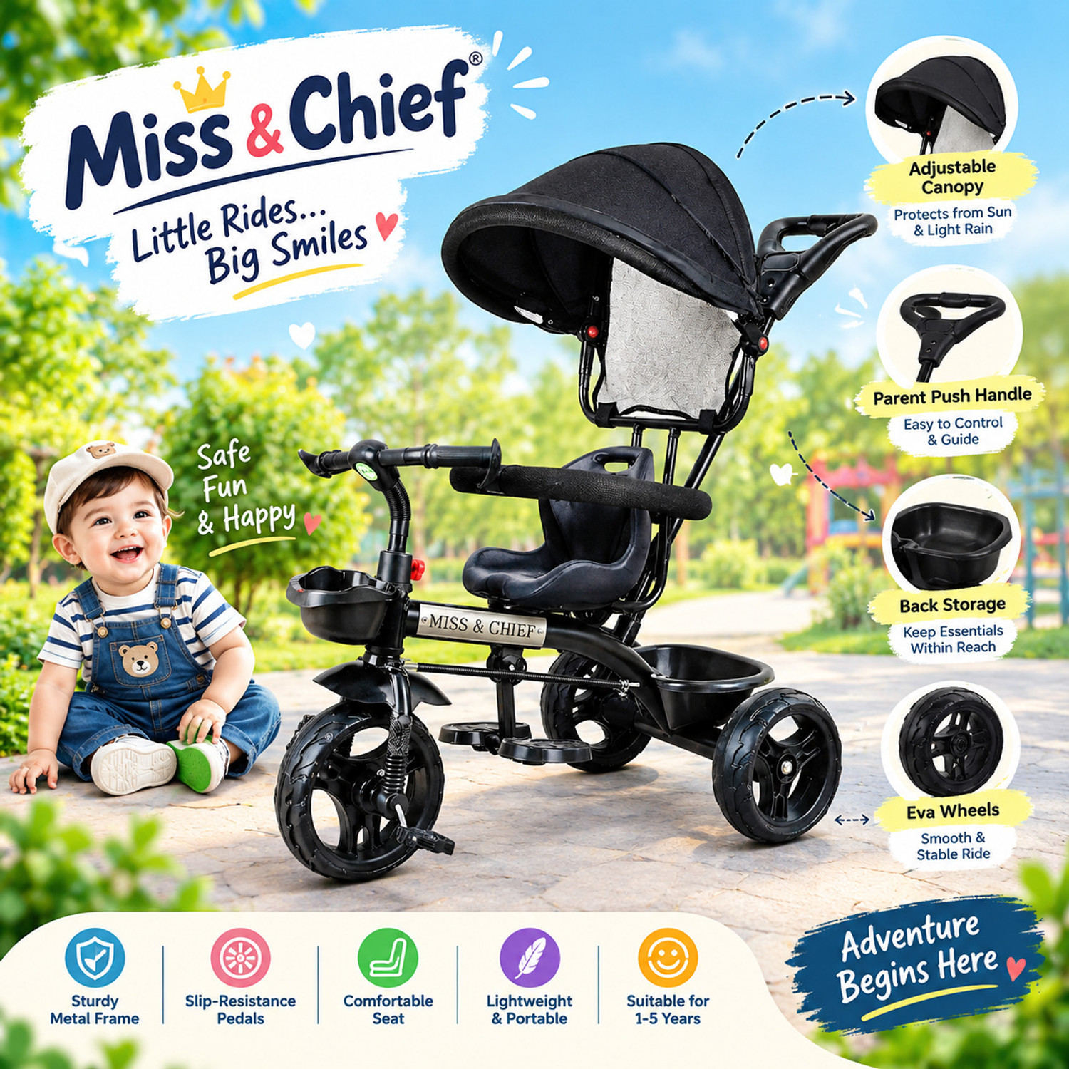 Image of Miss & Chief Canopy Sefty ,Eva Wheel Tricycle Tricycle with Parental Handle Tricycle