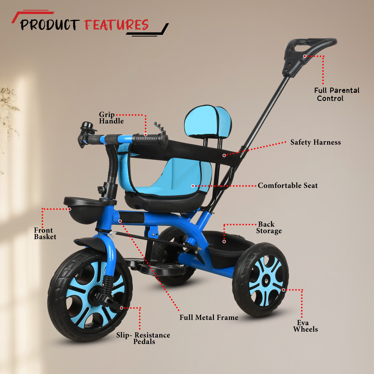 Image of BABYPOP Tricycle with Parental Handle |cycle 1 to 5 yeas and Dual Storage Basket DVPOT-13B Tricycle