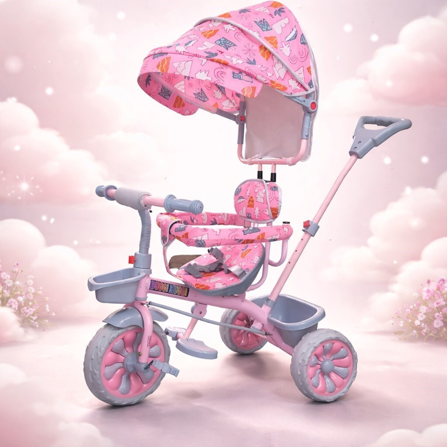 Image of NEXOVA COMFORTABLE SEAT FOR BABY BOYS&BABY GIRLS Tricycle TRICYCLE PREMIUM WITH CANOPY STAROGE BASKET Tricycle (Pink)