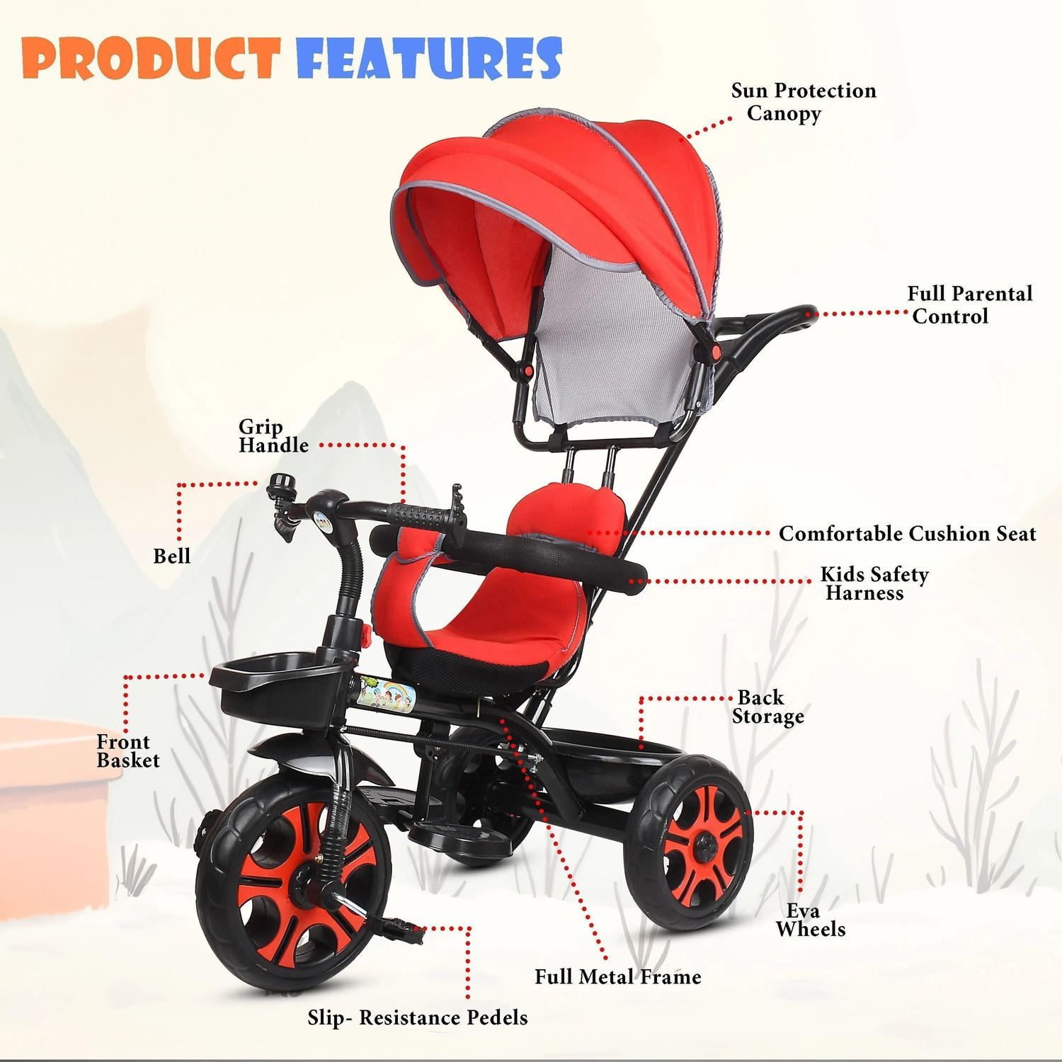 Image of DUGGI MUGGI Tricycle with Canopy and Parental Handle 2 to 5 years DVPOT-13B Tricycle (Red, Black)