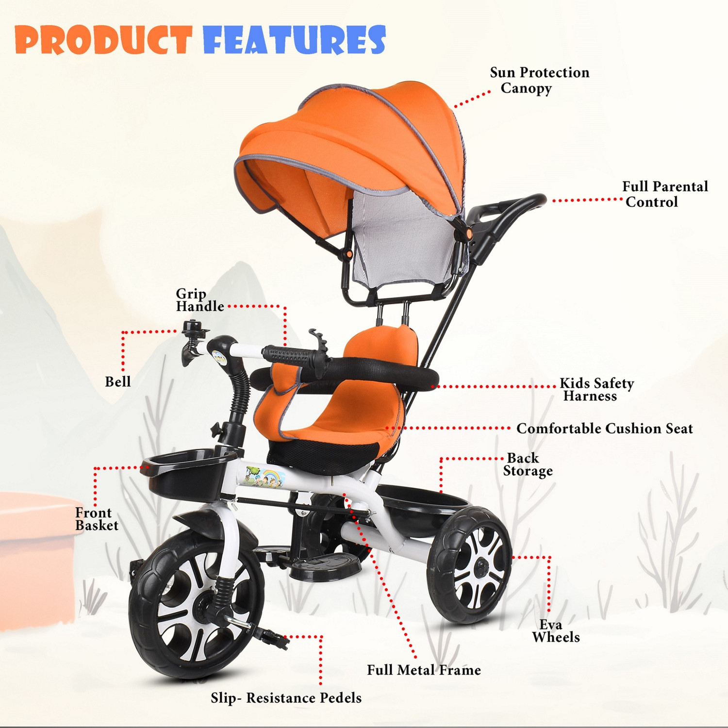 Image of LOL-FUN Tricycle with Canopy and Parental Handle 2 to 5 years DVPOT-13B Tricycle