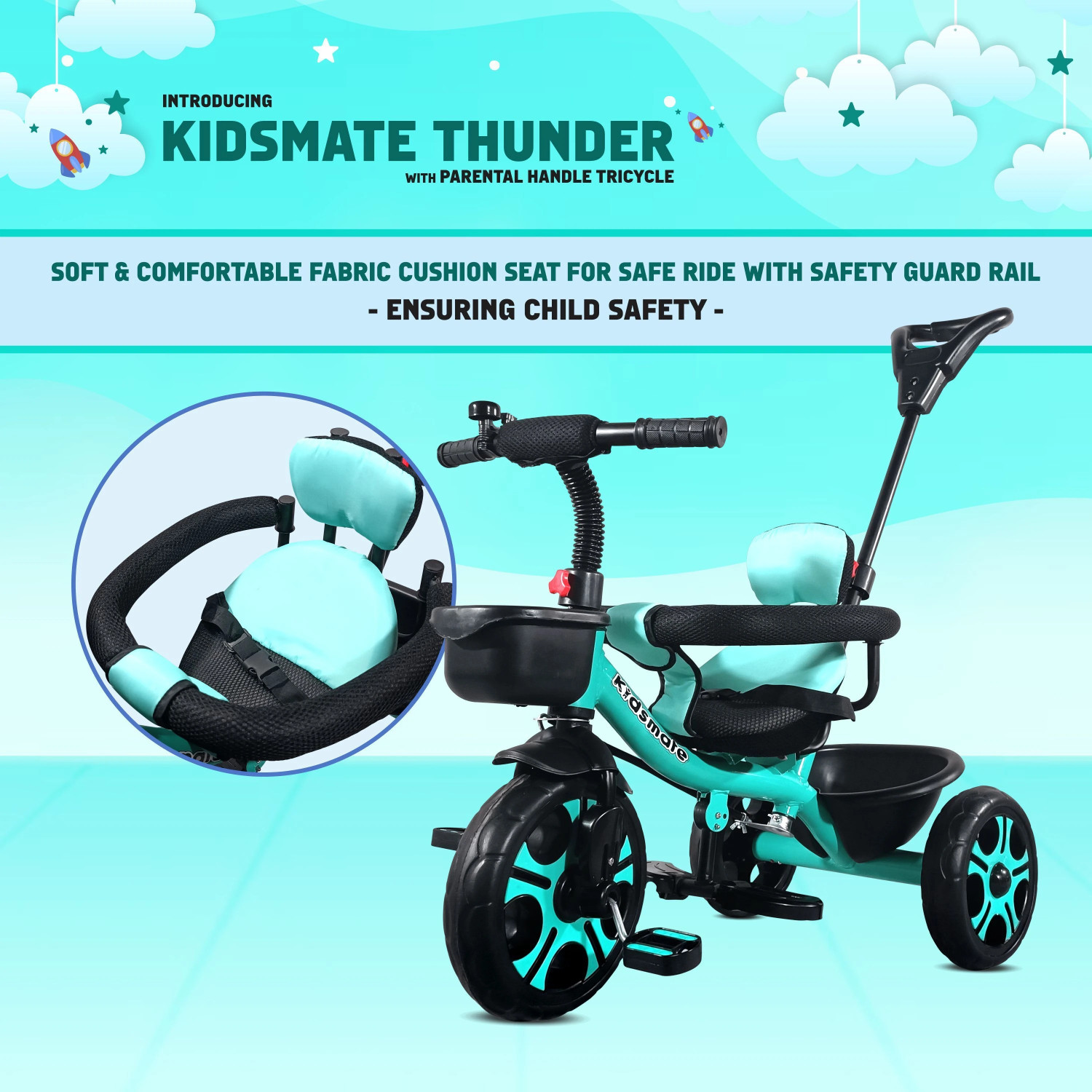 Image of Kidsmate Thunder Plug N Play Kids /Baby Tricycle with Safety Guard Rail and Parental Control with Seat Belt for 12 Months to 48 Months Boys /Girls /Carrying Tricycle