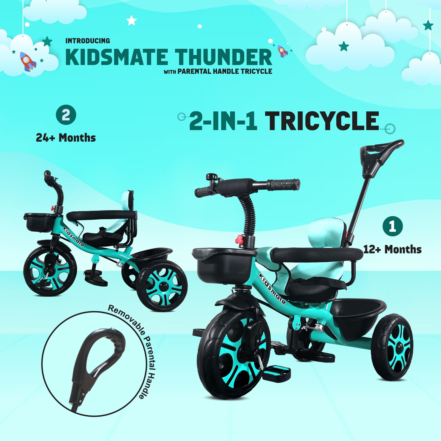 Image of Kidsmate Thunder Plug N Play Kids /Baby Tricycle with Safety Guard Rail and Parental Control with Seat Belt for 12 Months to 48 Months Boys /Girls /Carrying Tricycle