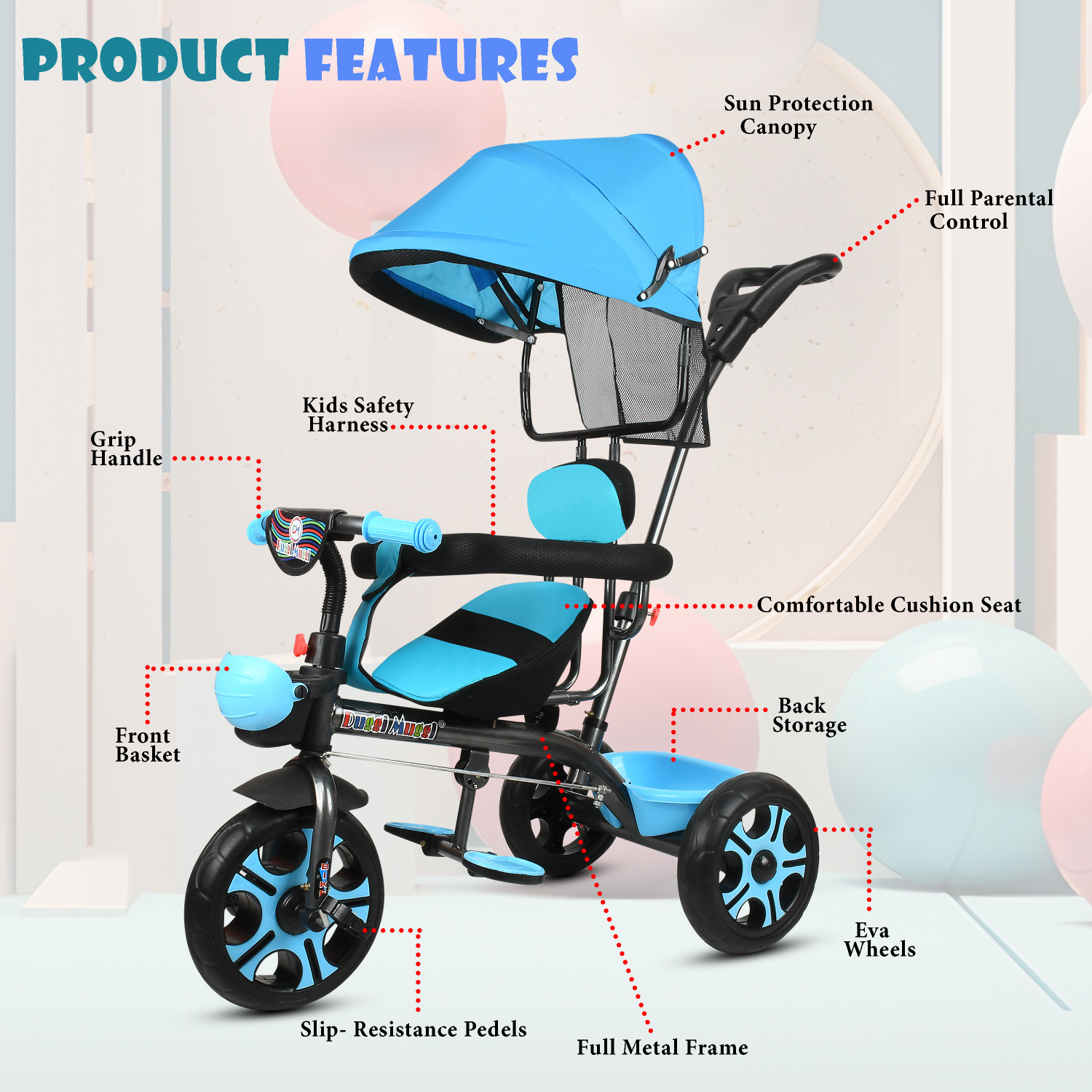 Image of DUGGI MUGGI Tricycle with Parent Push Best For 1 to 5 Years Baby Kids Tricycle
