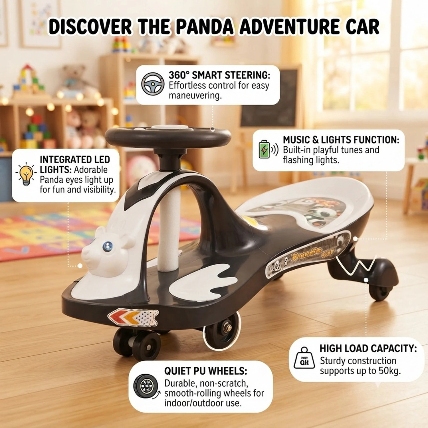 Image of TOYSHOPPEE Musical Panda Swing Magic Car for Kids Rideons & Wagons Non Battery Operated Ride On Tricycle Tricycle