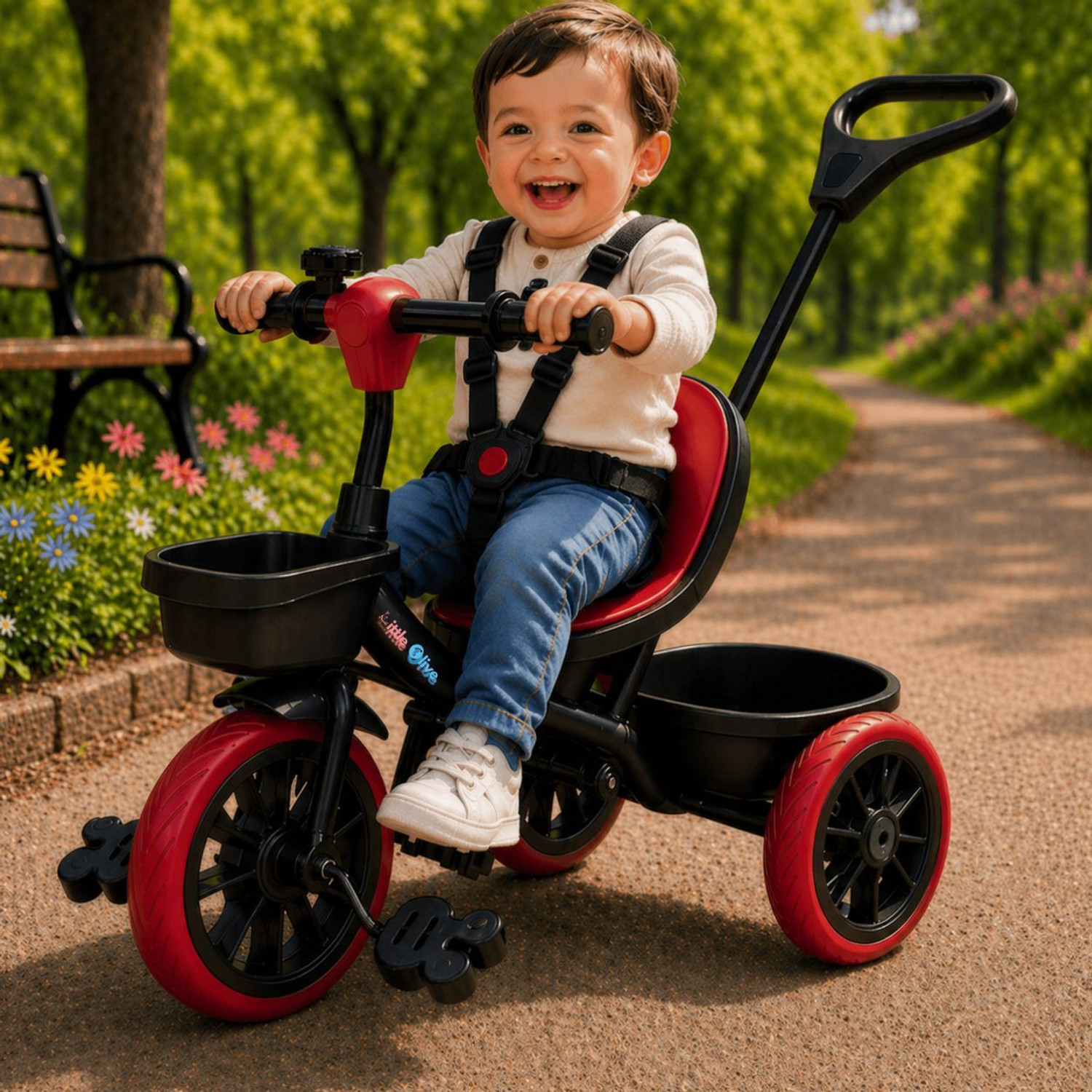 Image of Little Olive Kids Tricycle with Parent Handle, Safety Harness, Storage Basket & Wide Wheels Tricycle