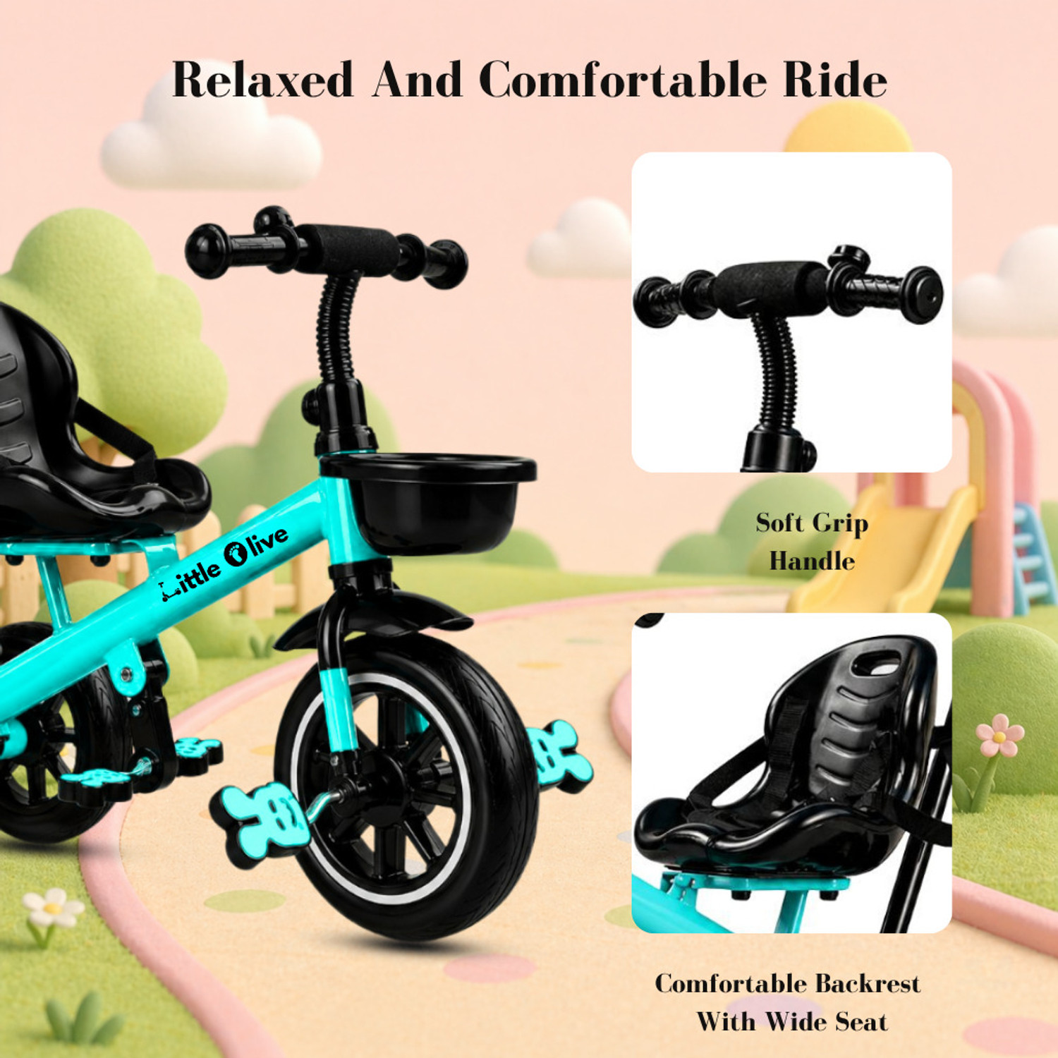 Image of Little Olive Premium Kids Tricycle with Parent Handle, Safety Belt & Storage Basket Tricycle