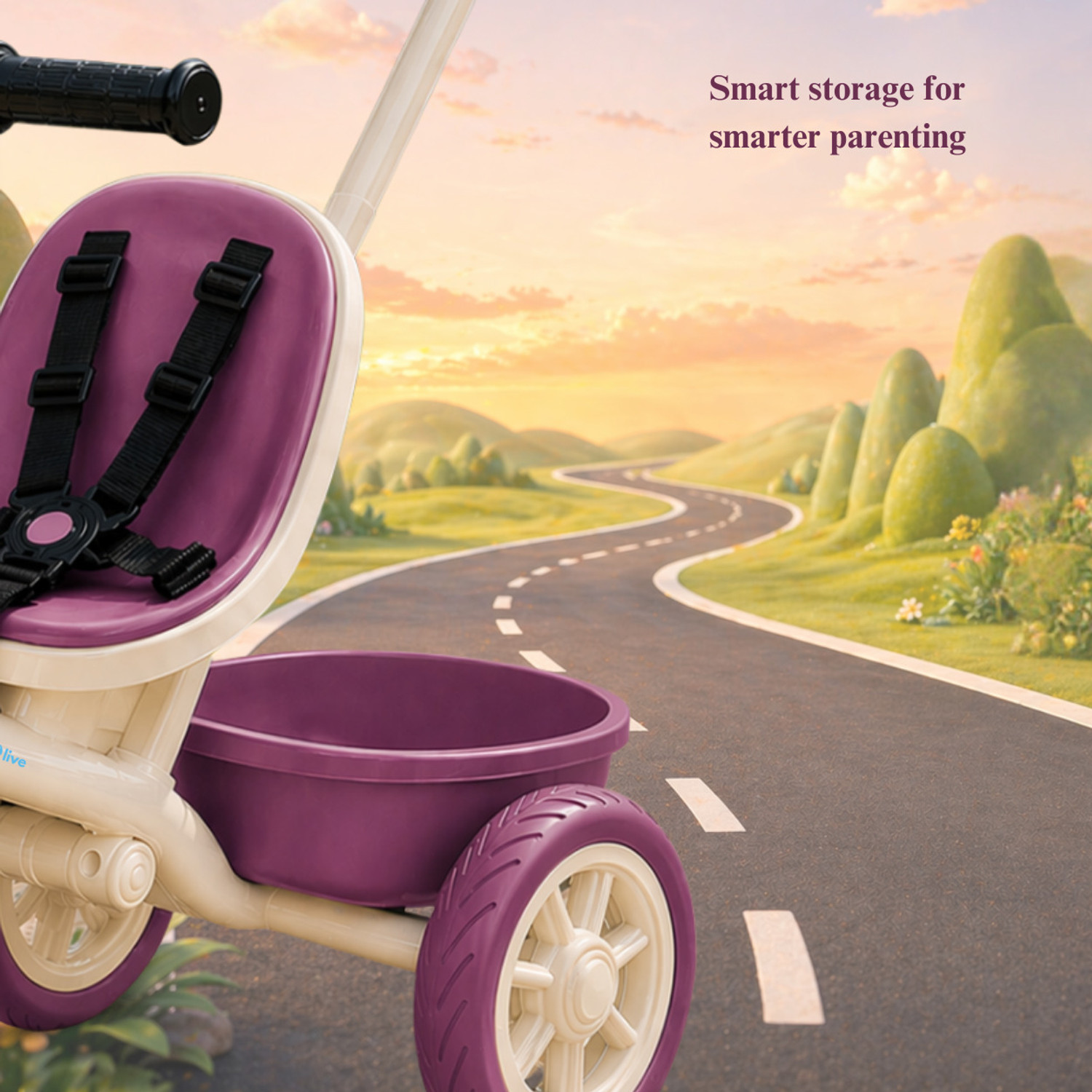 Image of Little Olive Kids Tricycle with Parent Handle, Safety Harness, Storage Basket & Wide Wheels Tricycle