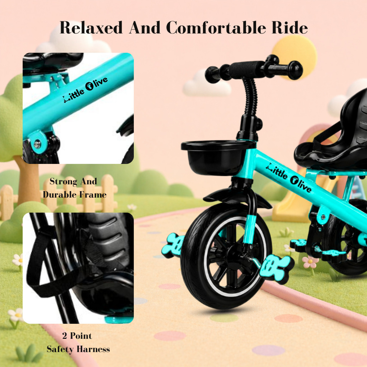 Image of Little Olive Premium Kids Tricycle with Parent Handle, Safety Belt & Storage Basket Tricycle