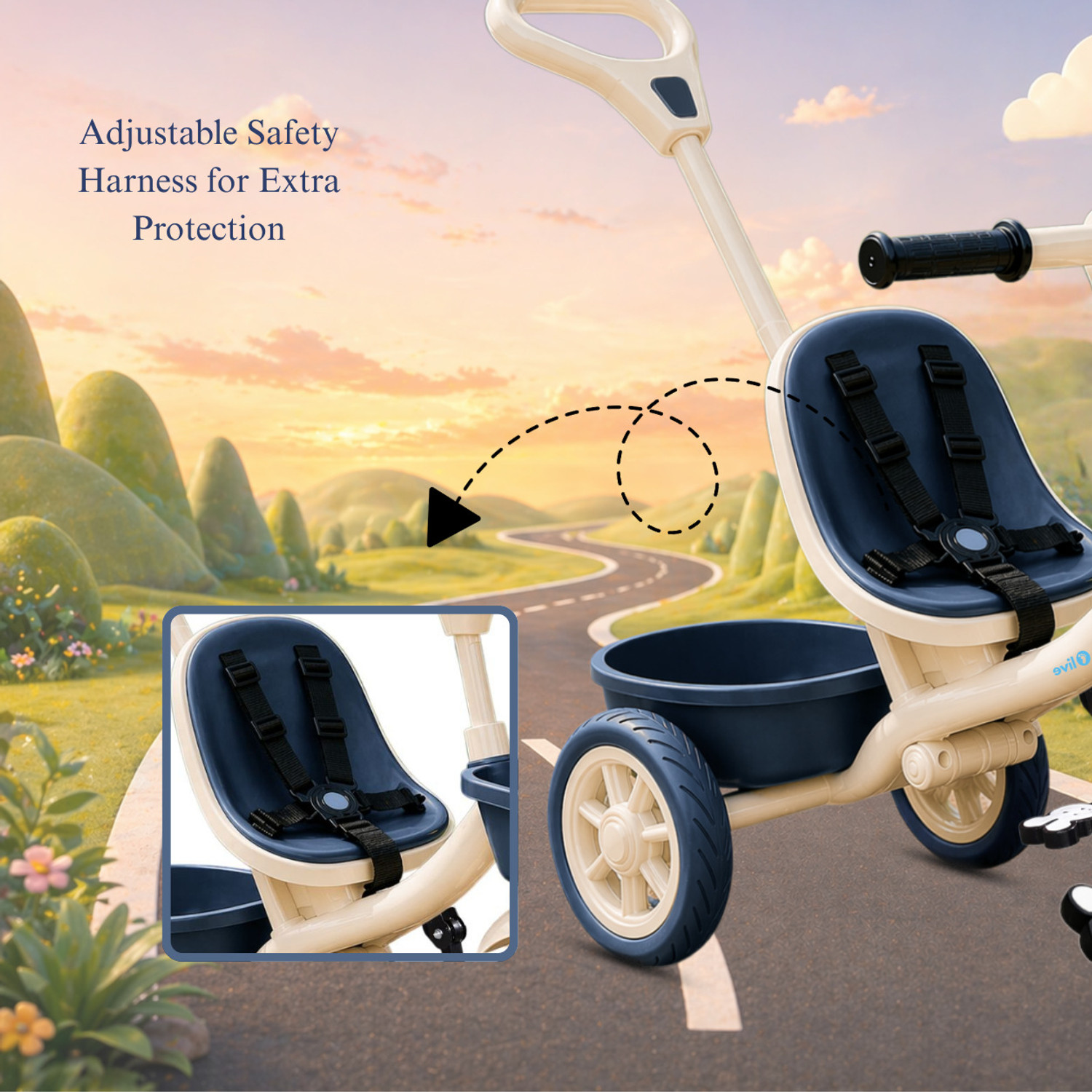Image of Little Olive Kids Tricycle with Parent Handle, Safety Harness, Storage Basket & Wide Wheels Tricycle