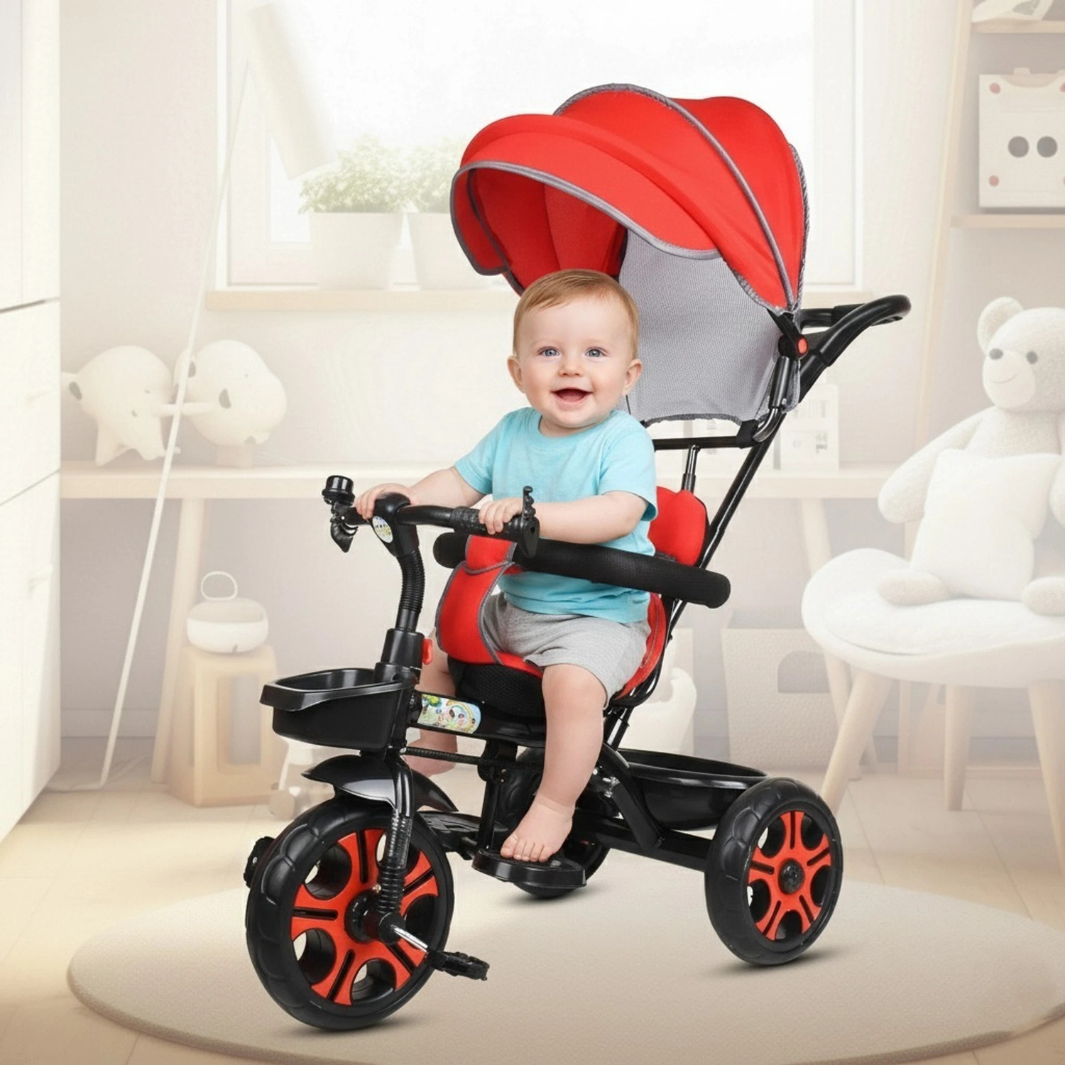 Image of DUGGI MUGGI Tricycle with Canopy and Parental Handle 2 to 5 years DVPOT-13B Tricycle (Red, Black)