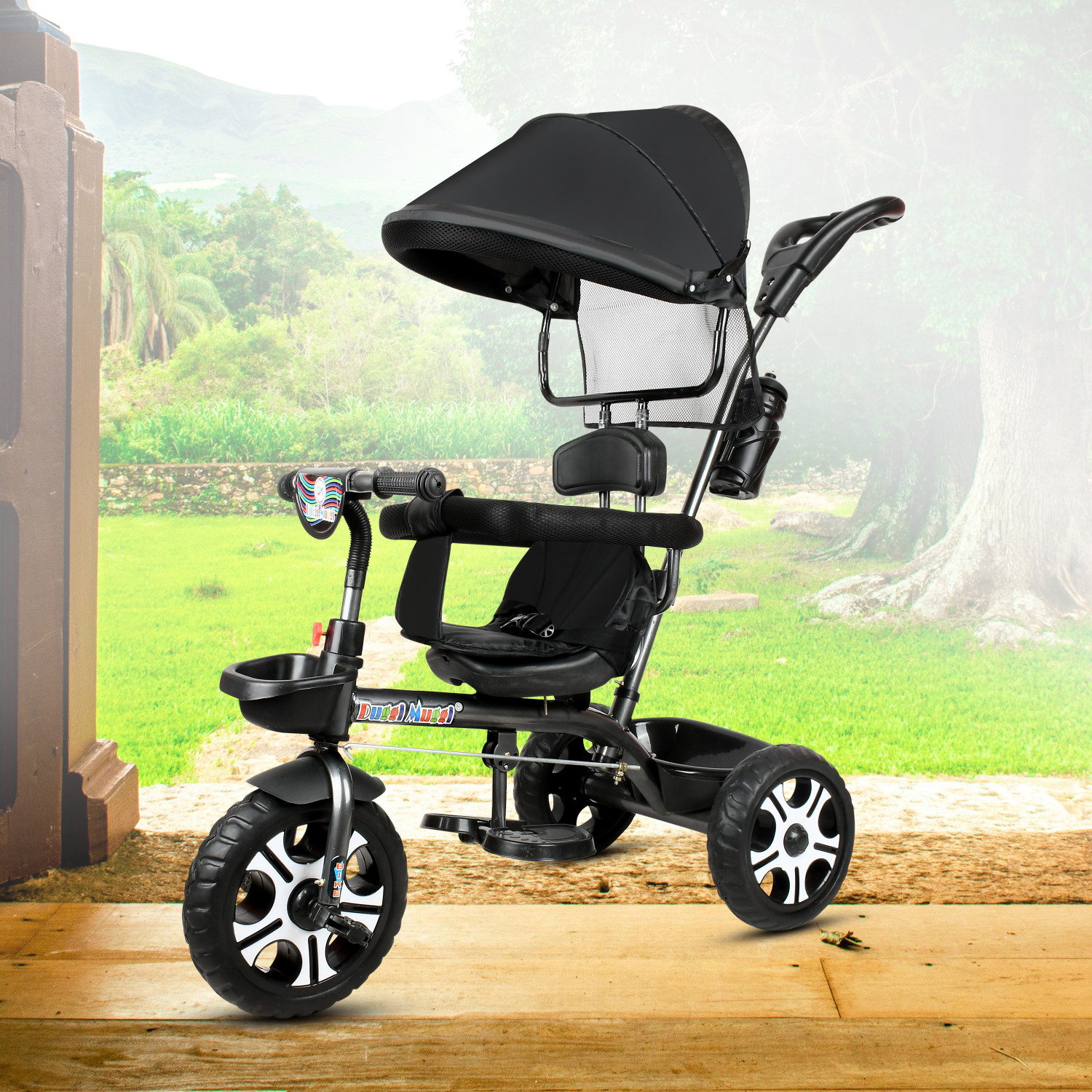 Image of DUGGI MUGGI Tricycle with Parental Push Handle & Foldable Canopy Rotating Soft Cushion Seat for 12 Months to 5 Years. Tricycle