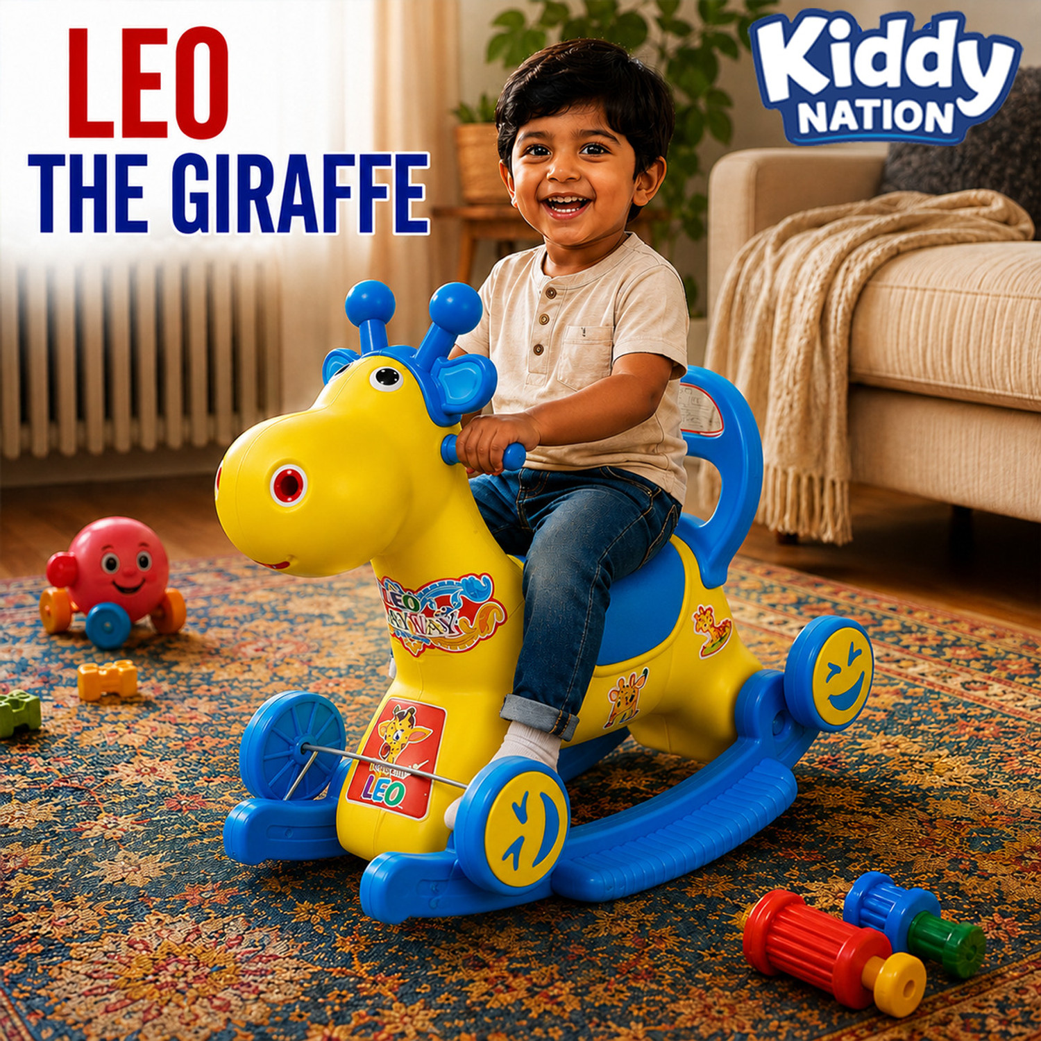 Image of Kiddy Nation Leo 2-in-1 RideOn & Rocker Giraffe Toy for Kids | Manual Push Ride & Rocking Toy Leo 2-in-1 RideOn & Rocker Giraffe Toy for Kids | Manual Push Ride & Rocking Toy Tricycle (Yellow, Blue)