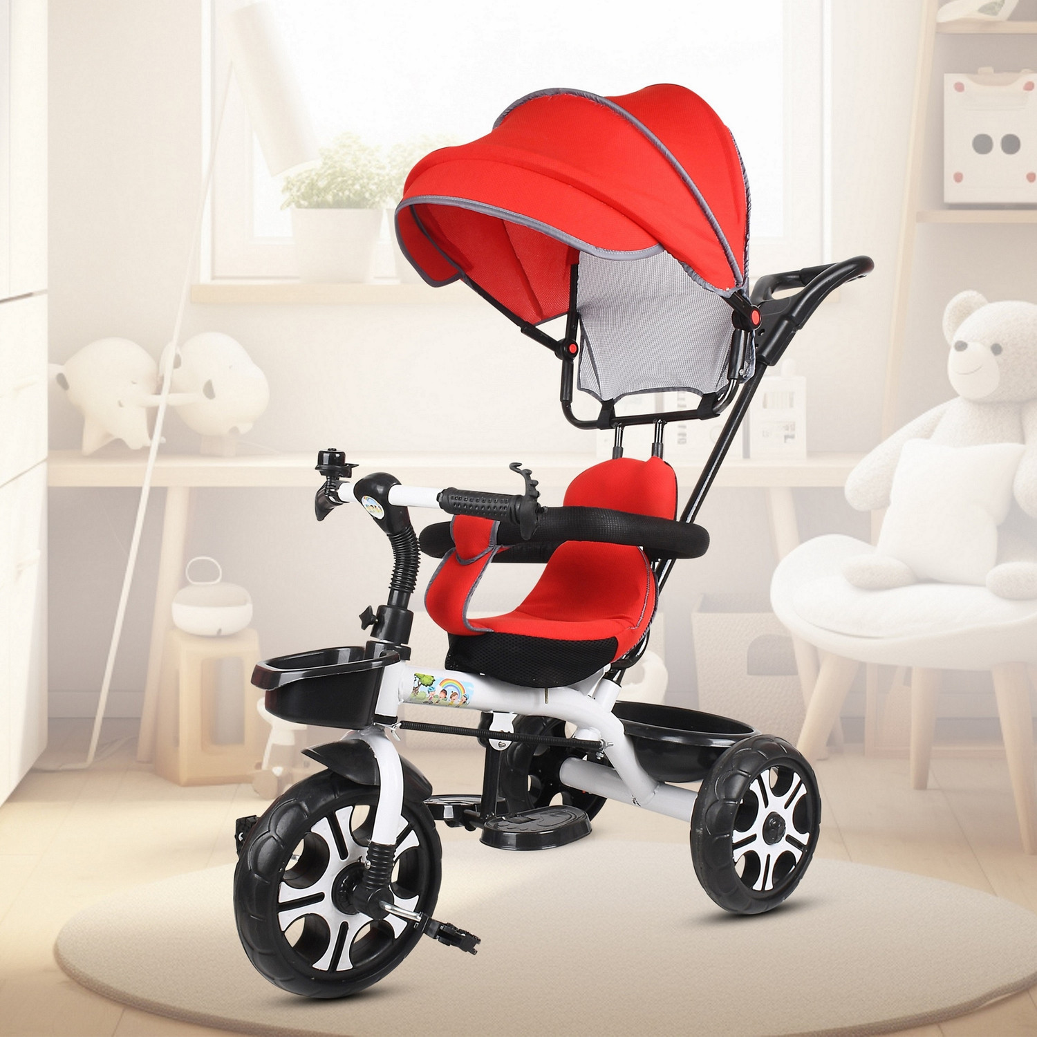 Image of TOYSHOPPEE Kids Canopy Tricycle with Soft Seat,Front-Back Basket,Parental Push Handle,Bell Sefty Canopy Tricycle for Babys with New Colours Tricycle (Red, White)