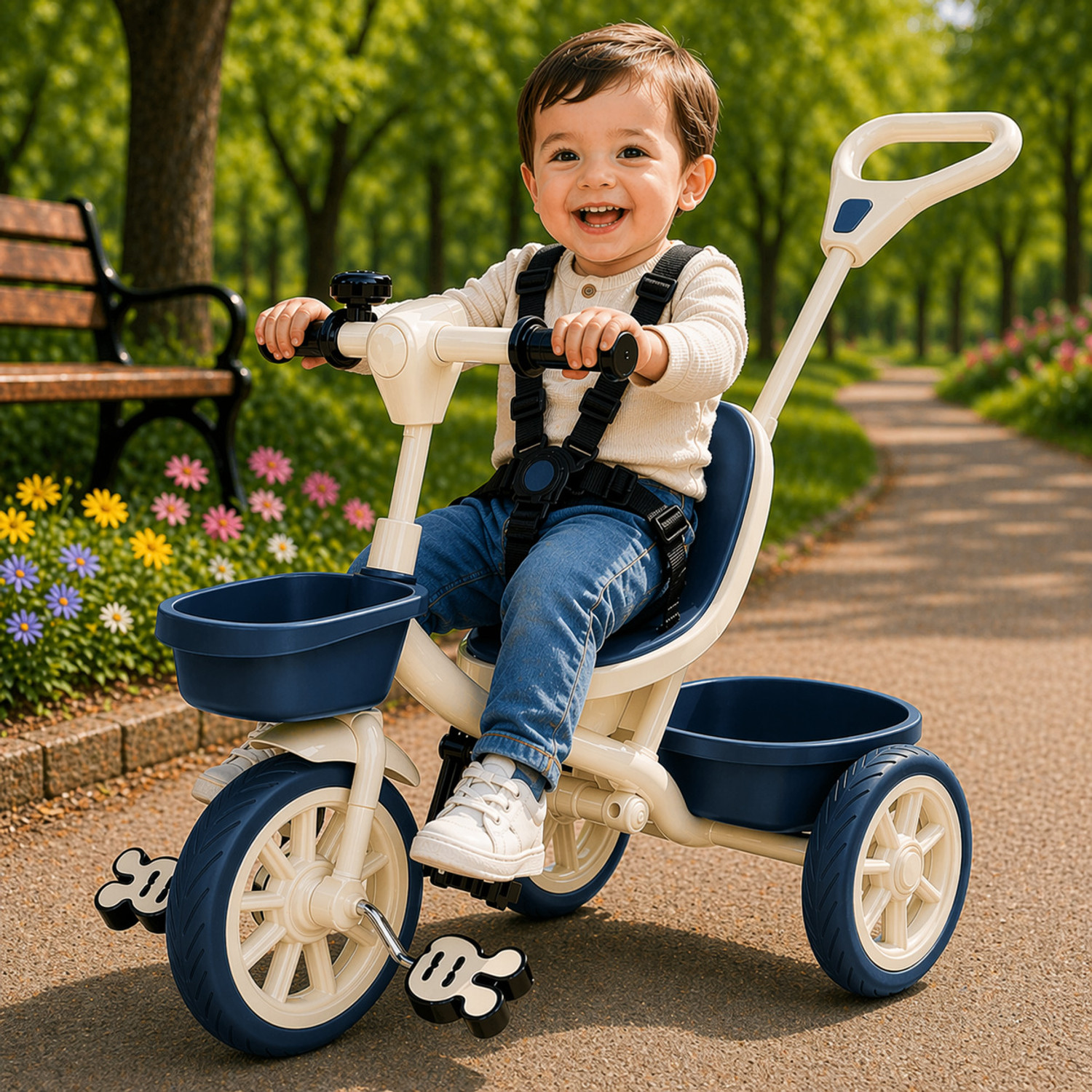 Image of Little Olive Kids Tricycle with Parent Handle, Safety Harness, Storage Basket & Wide Wheels Tricycle