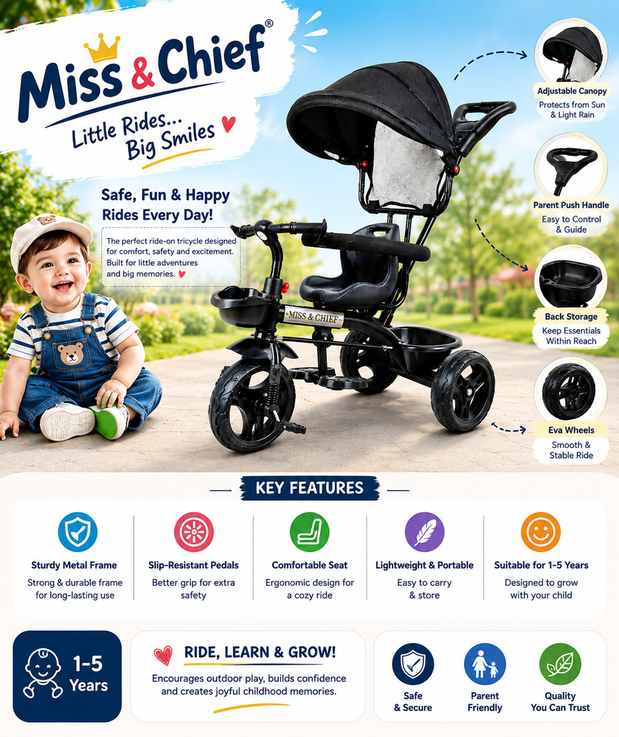 Image of Miss & Chief Canopy Sefty ,Eva Wheel Tricycle Tricycle with Parental Handle Tricycle