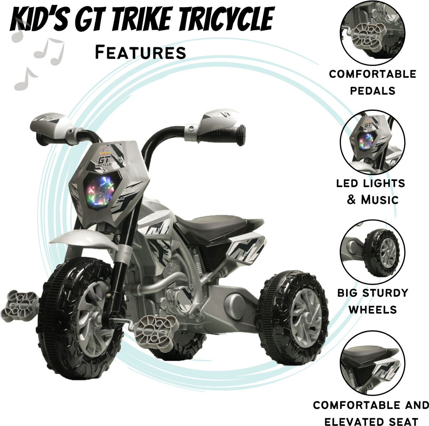 Image of DANDLES DANDLES GT Trike Sports Ride-on Bike Pedal for Kids with Musical Horn and Lights 2-5 Years Tricycle