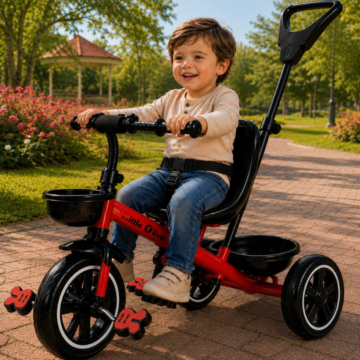 Image of Little Olive Premium Kids Tricycle with Parent Handle, Safety Belt & Storage Basket Tricycle