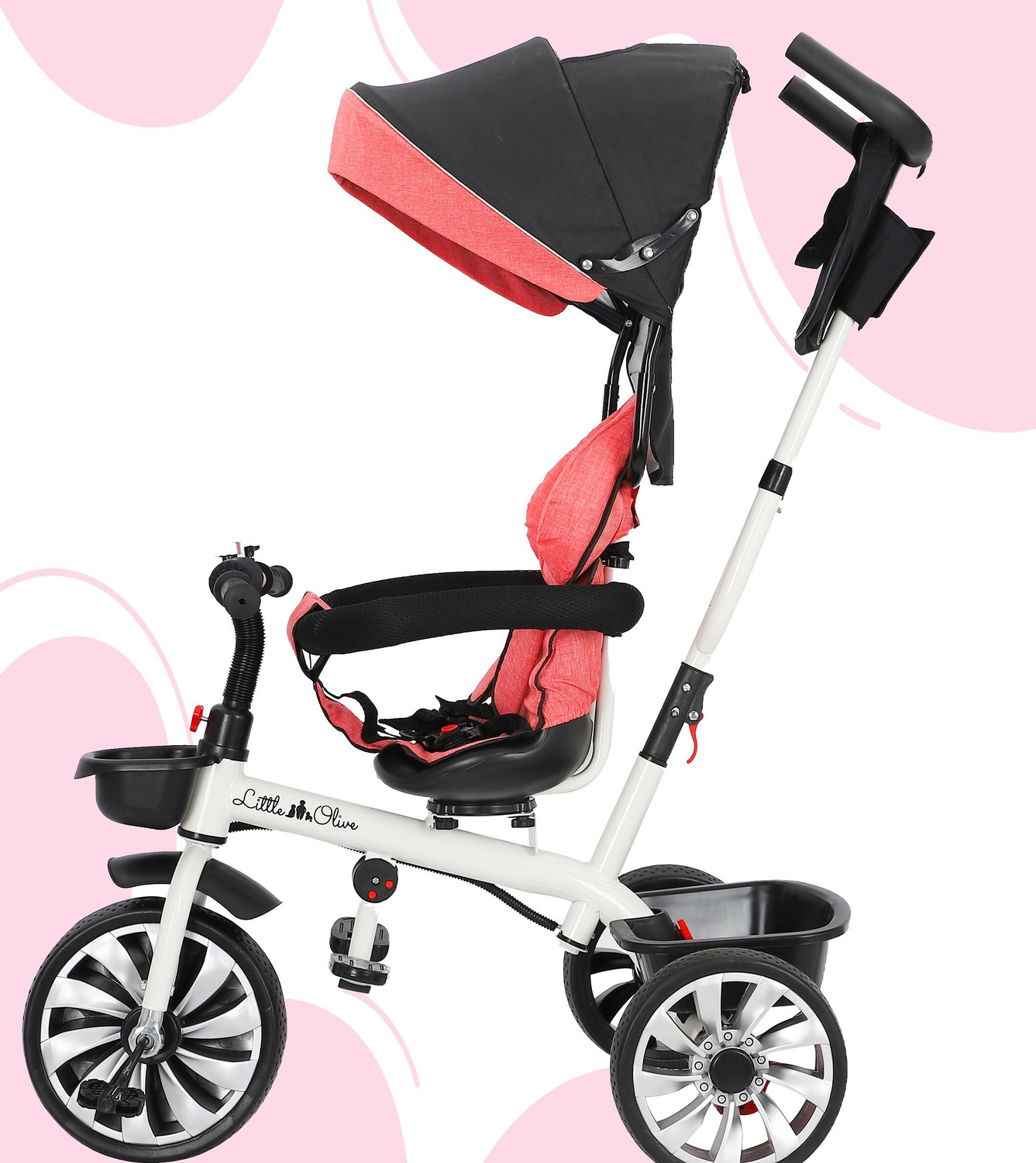 Image of Little Olive Roller Coaster Tricycle - Pink Baby Carriage / Baby for Kids Canopy Push Bar Foot Rest Rotating Seat Tricycle