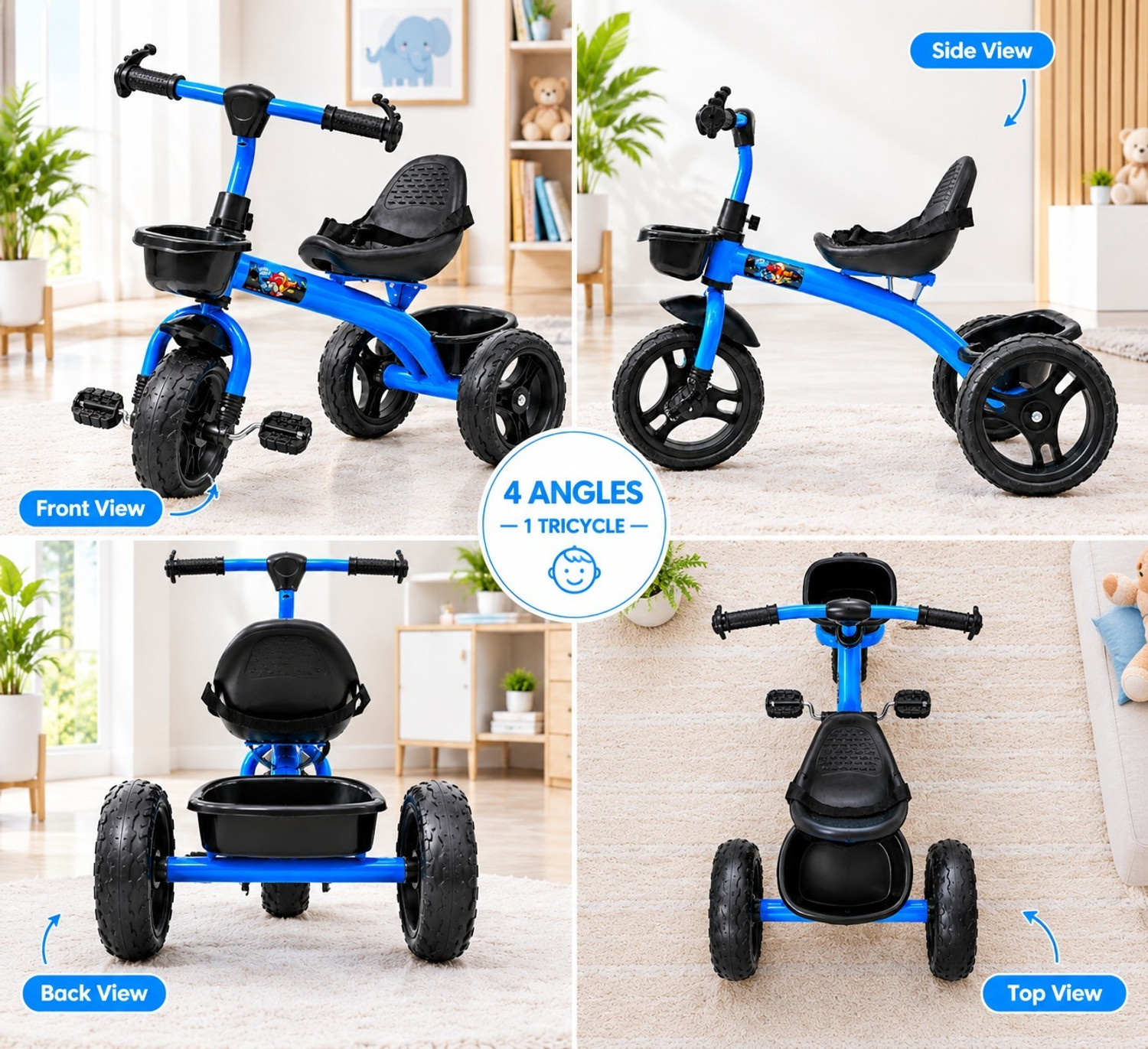 Image of BRAVETOT Kids Tricycle with Back Basket & Safety Belt for Toddlers LIGHT BLUE BASKET MODEL 01 Premium NEW Premium Edition Tricycle
