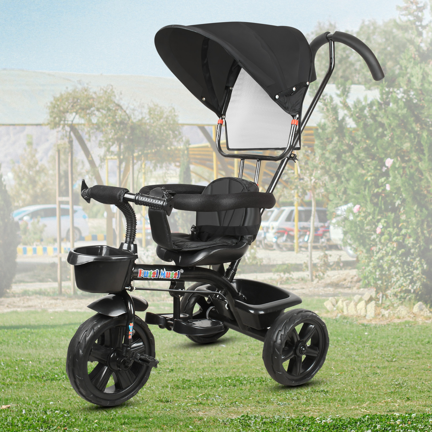 Image of TOYSHOPPEE Tricycle Black colour for Kids with Parent Handel,180 seat rotation, Front or Back Basket with baby Canopy and sipper Tricycle for 12 months to 60 Months for Kids trikes Tricycle 4005 NAVY BLUE Tricycle (Blue)