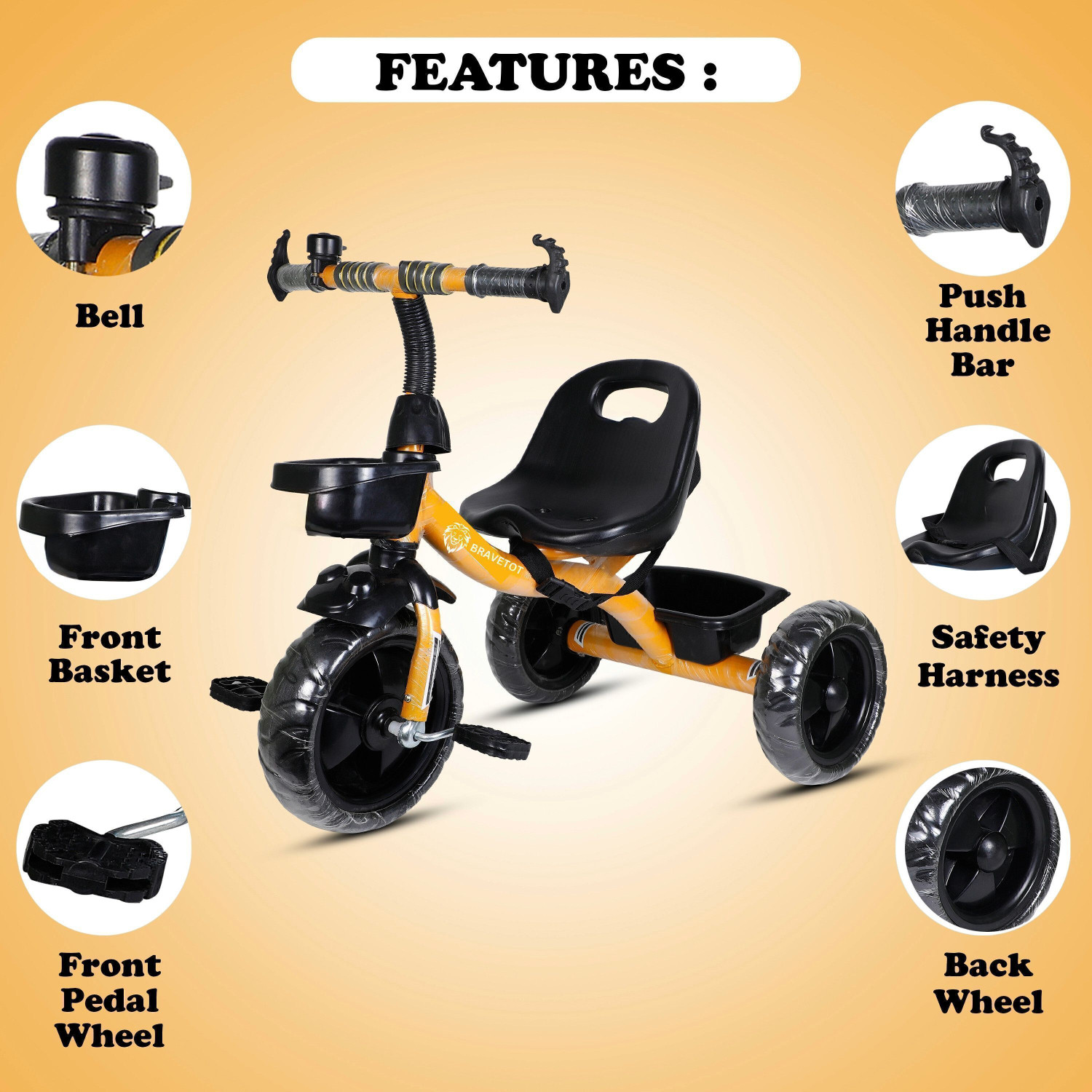 Image of BRAVETOT Kids Tricycle with Back Basket & Safety Belt for Toddlers YELLOW BASKET MODEL 03 Tricycle