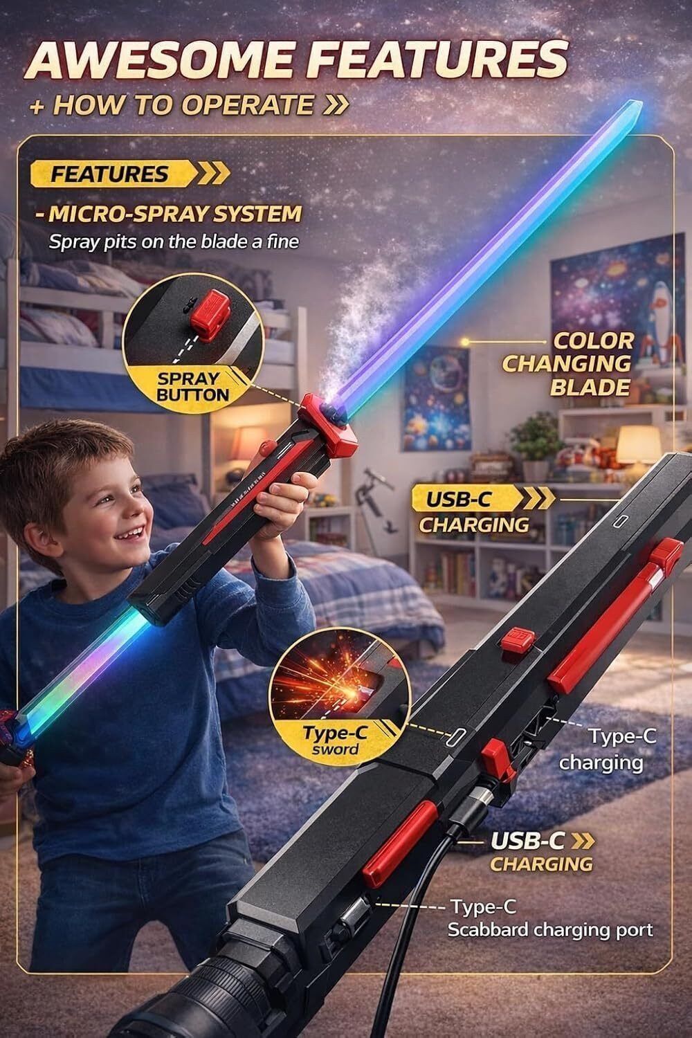 Image of Braintastic Kids Ninja Sword Toy with LED Lights & Mist Spray Effect, Samurai Sword Ninja Gears