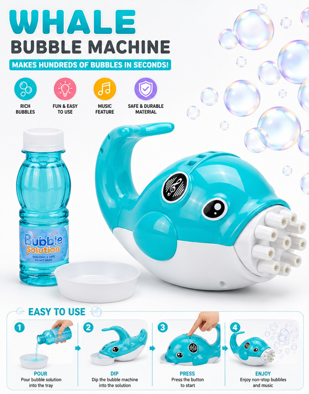 Image of Time 2 toys Dolphin Bubble Machine Gun Handy Electric Automatic Bubble Making Toy for Kids Water Gun (Blue)