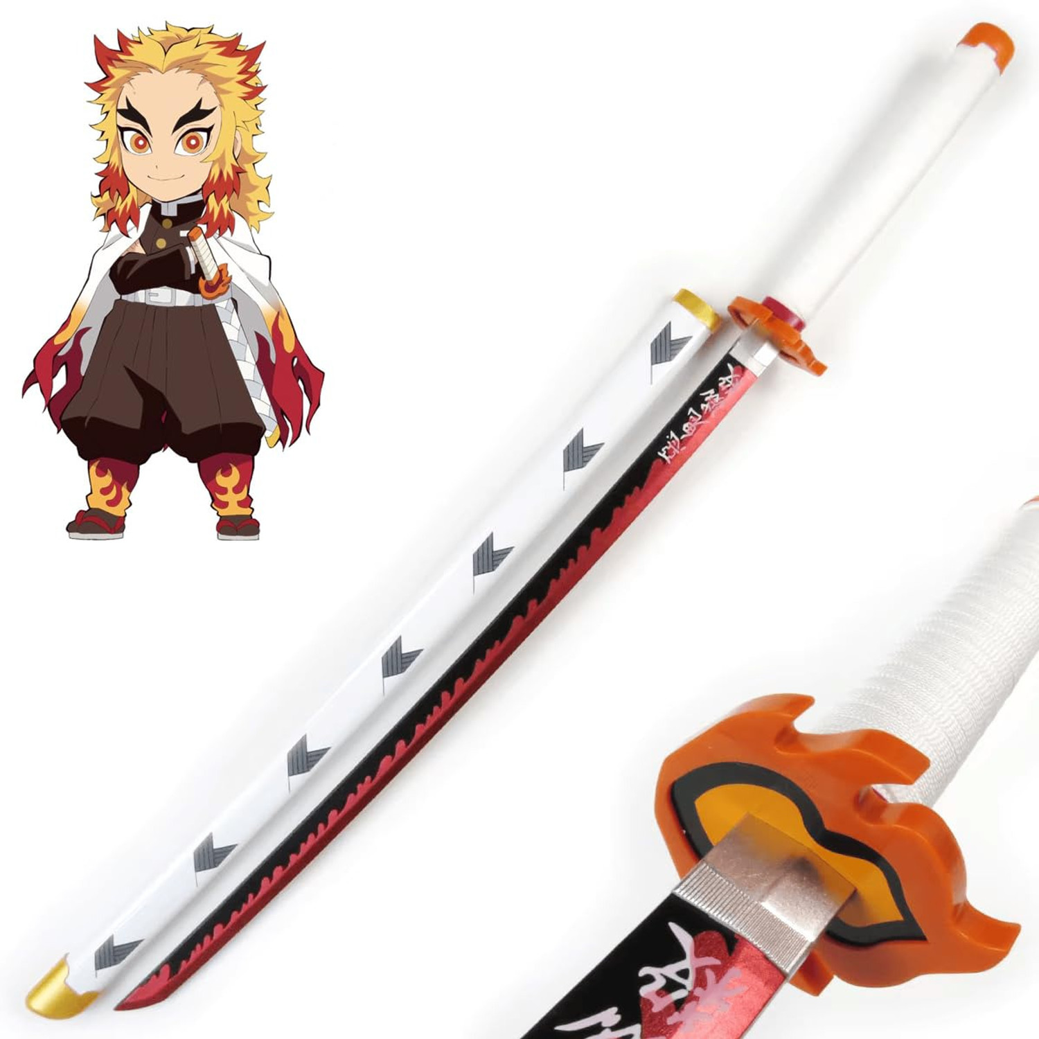 Image of World Gift Mart Demon Slayer Rengoku Kyojuro Wooden Katana, 105 cm, Kimetsu No Yaiba Replica Maces & Swords