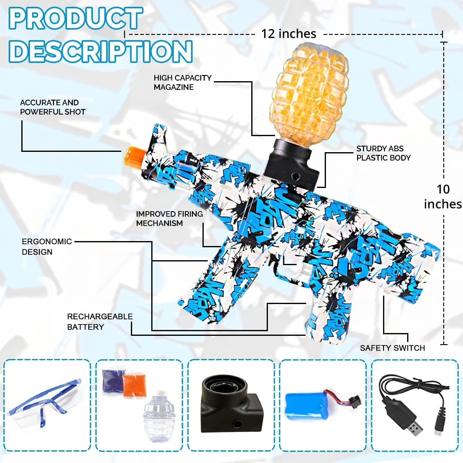 Image of VikriDa Electric Water Ball Blaster Toy Eco-Friendly Bullets Outdoor Shooting Fun Water Gun (Blue)